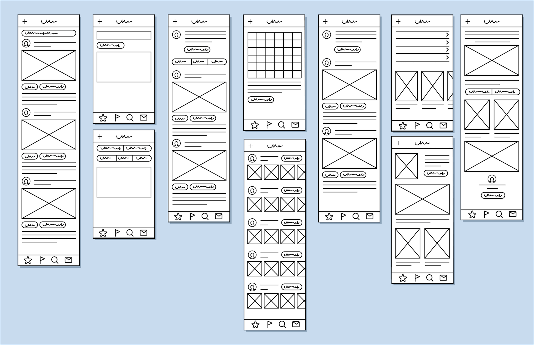 Wireframes mehrerer App-Bildschirme als Skizzen