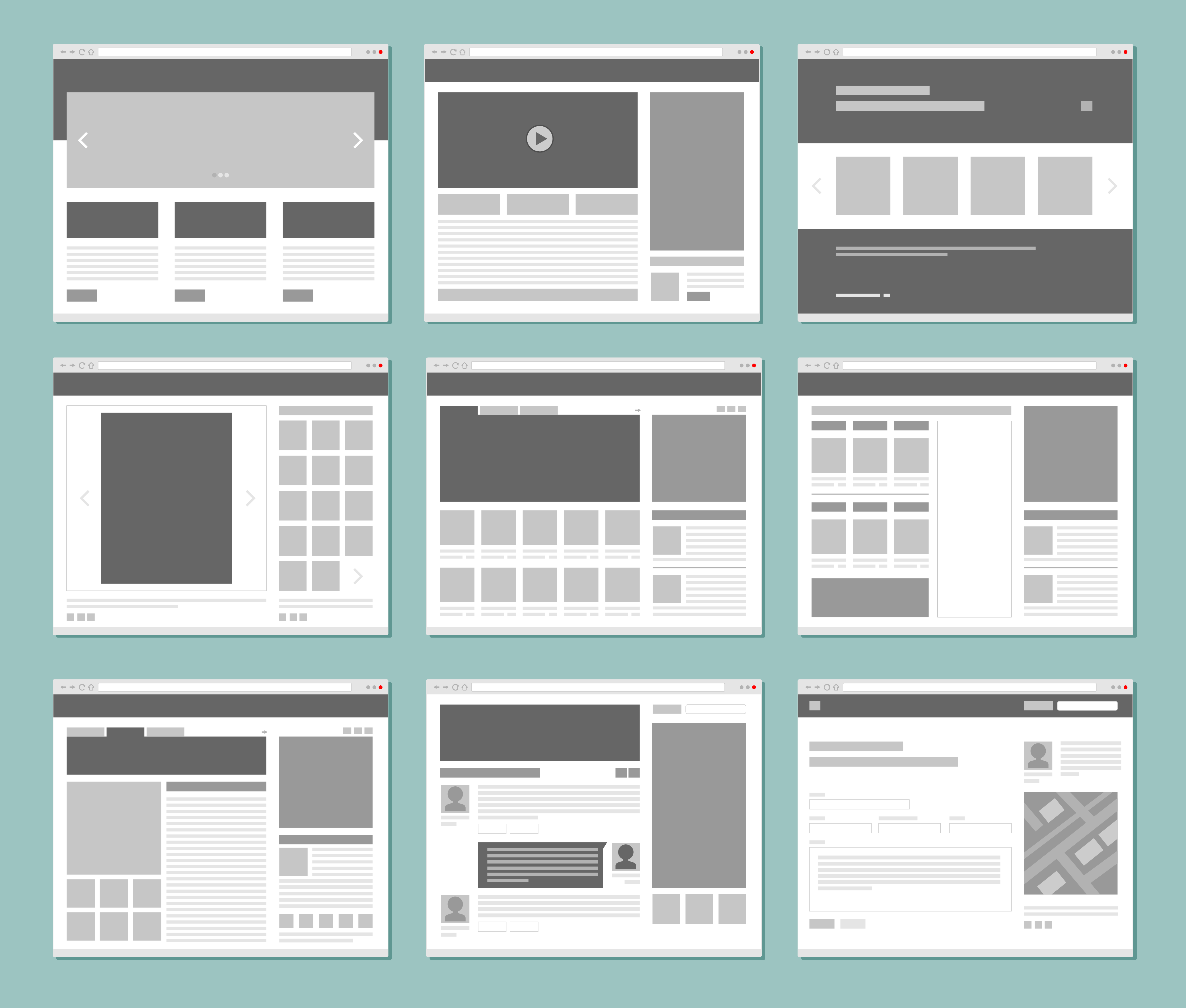 Neun graue Wireframes von Webseiten-Layouts