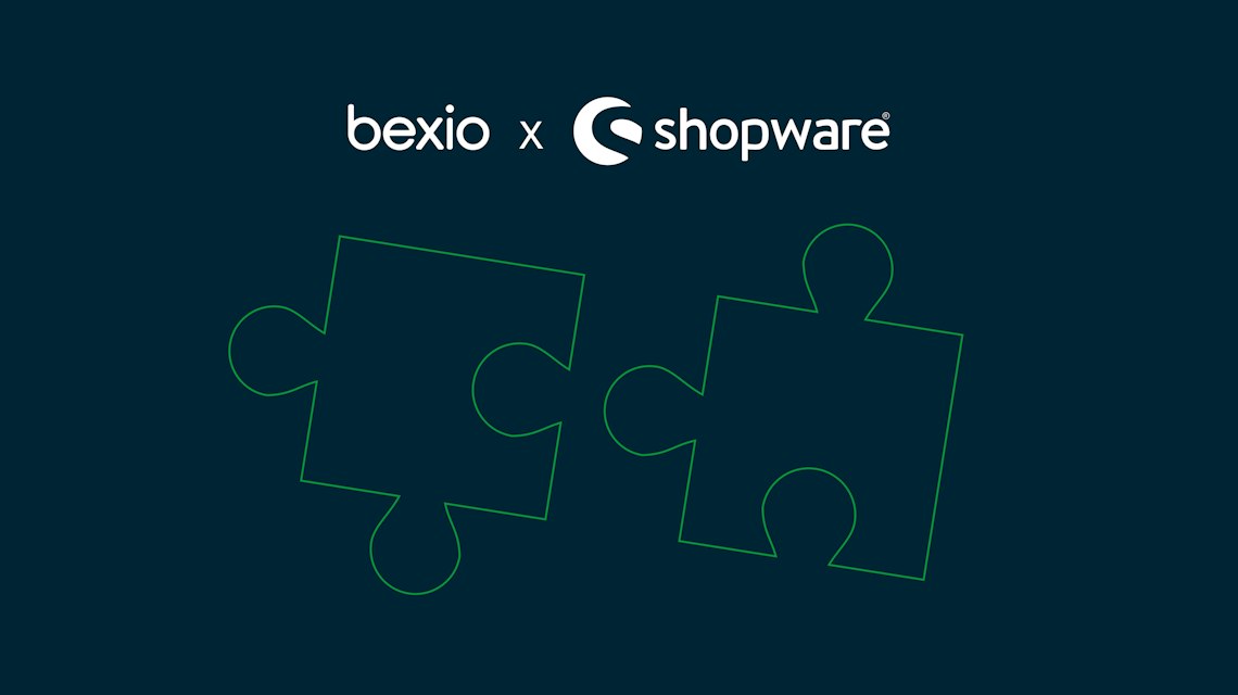 Illustration: zwei Puzzleteile unter den Logos von bexio und Shopware