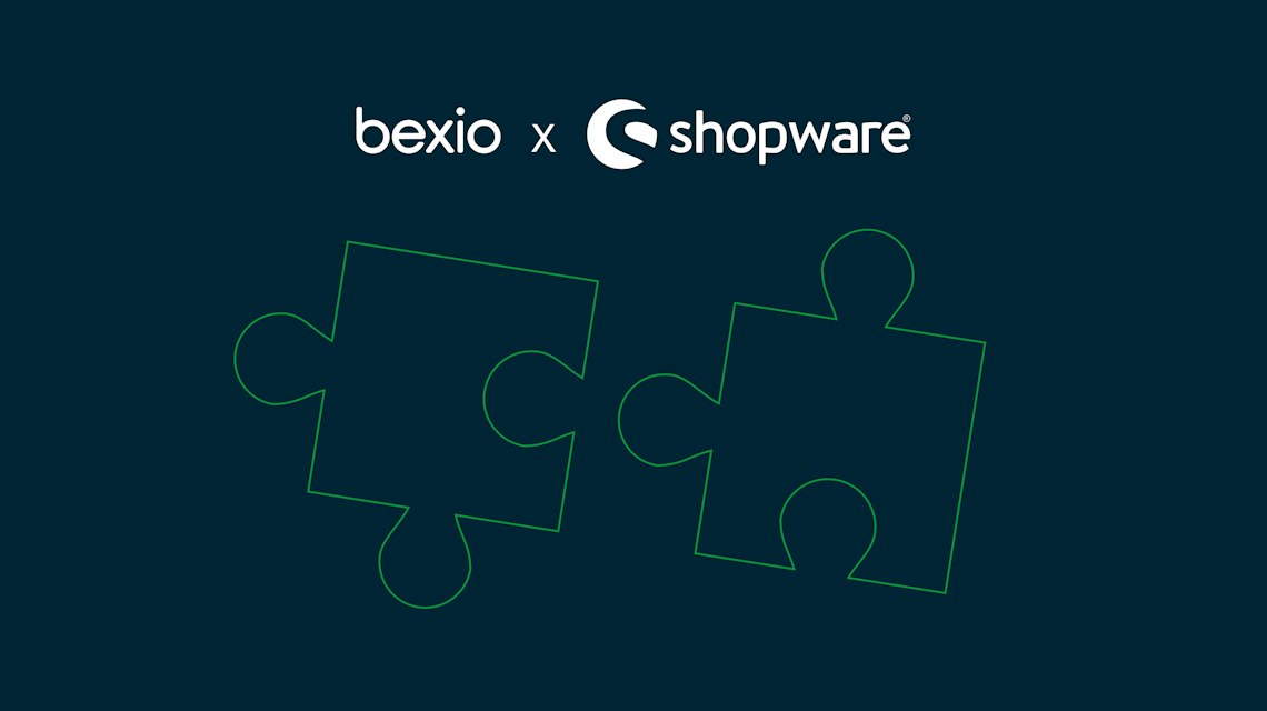 Illustration: zwei Puzzleteile unter den Logos von bexio und Shopware