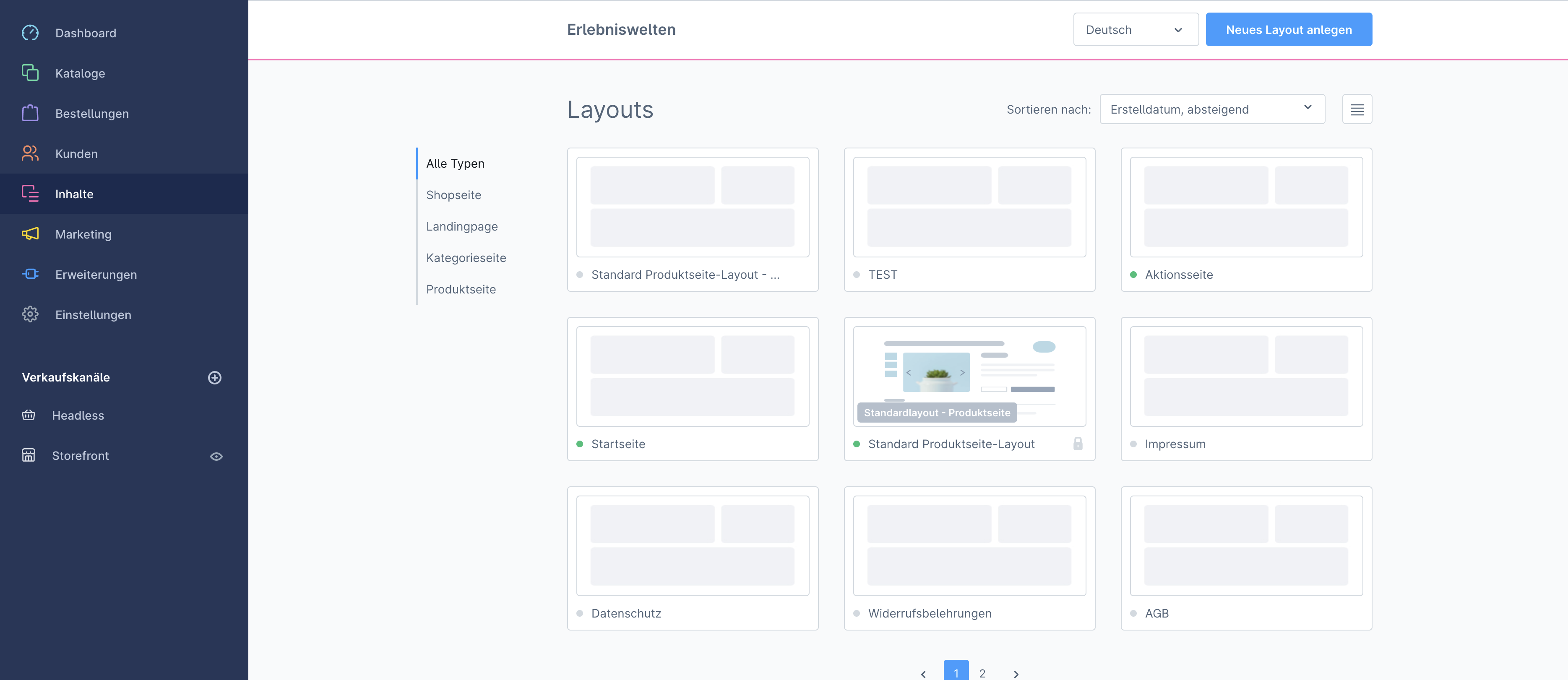 Screenshot: Übersicht der Layouts für Erlebniswelten in Shopware 6