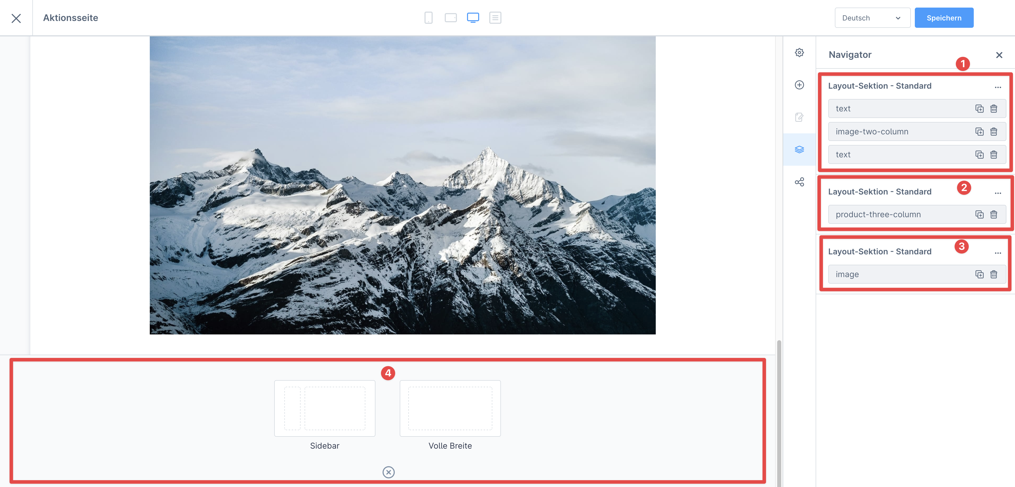 Screenshot: Bearbeitung einer Erlebniswelt mit Bergbild und nummerierten Layout-Sektionen