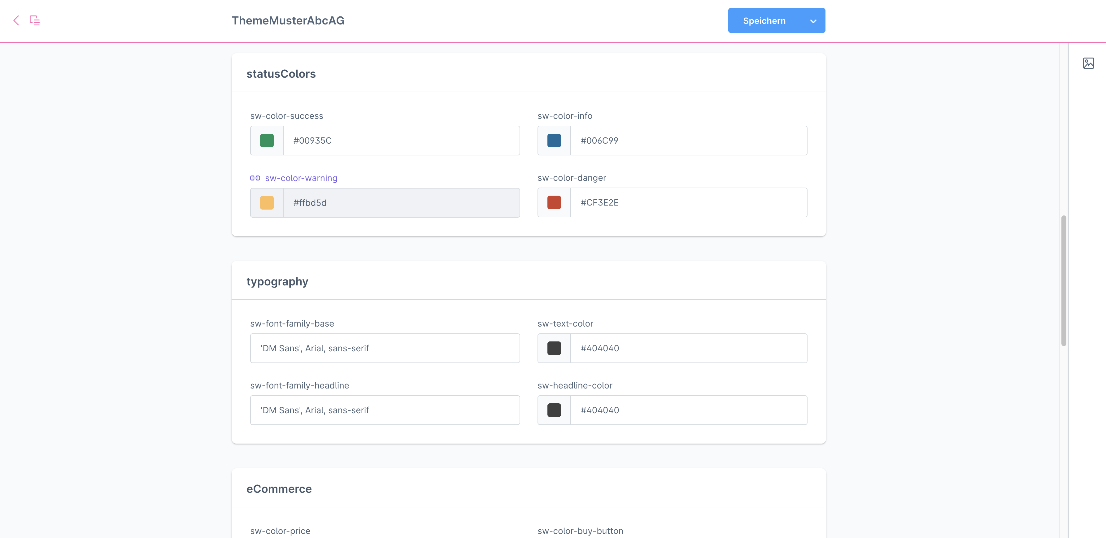Screenshot: Theme-Einstellungen mit Statusfarben, Typografie und E-Commerce-Farben