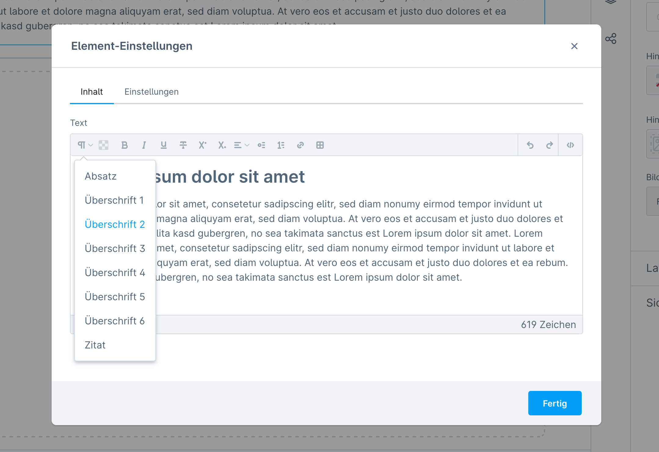 Screenshot: Element-Einstellungen mit geöffneter Auswahl der Überschriftenebenen