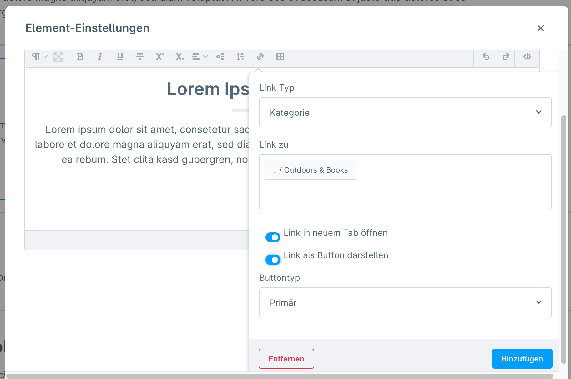 Screenshot: Element-Einstellungen mit Link-Typ Kategorie und der Option «Link als Button darstellen»