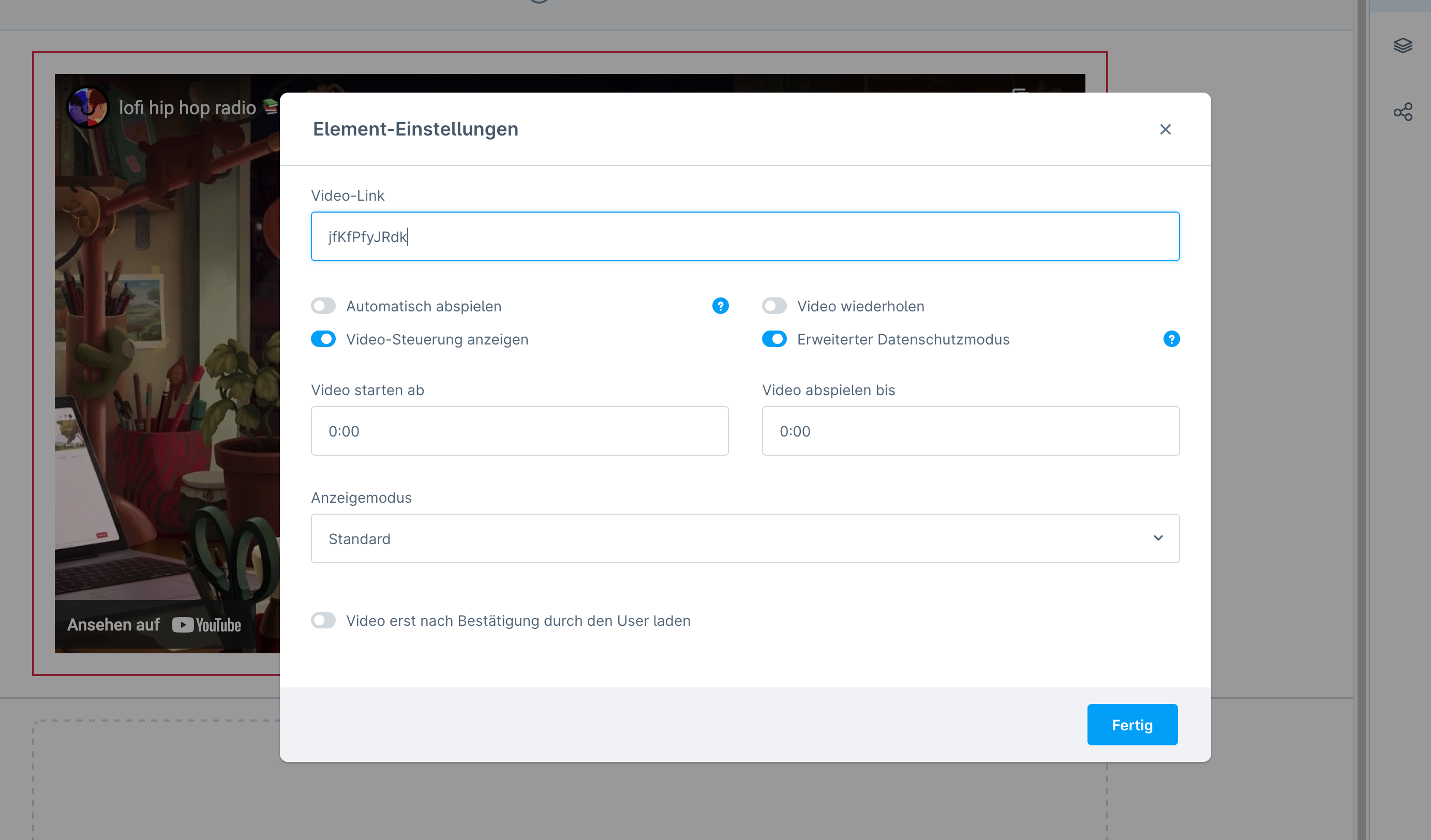 Screenshot: Element-Einstellungen eines Videoblocks mit Video-Link und Abspieloptionen