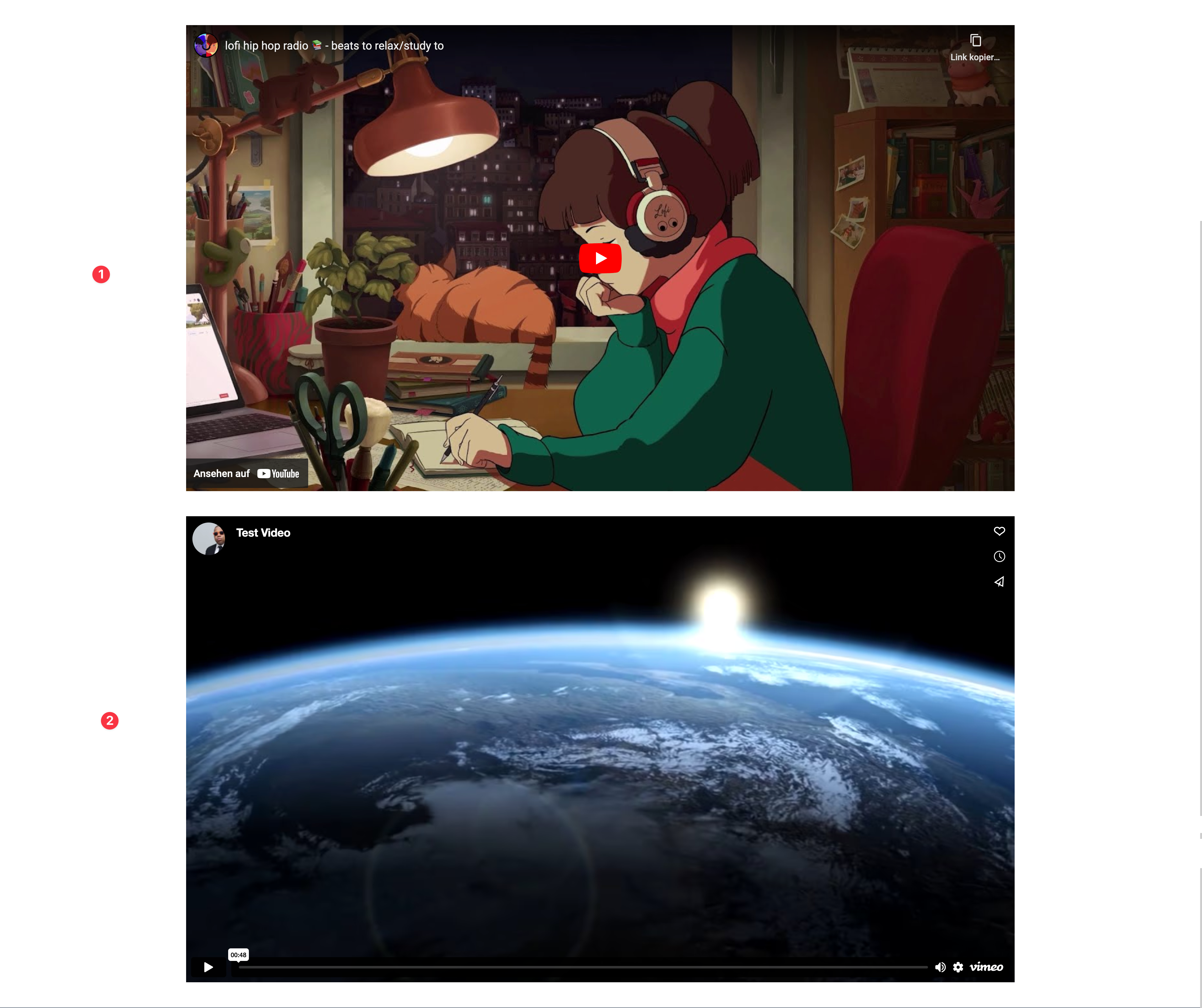 Screenshot: zwei eingebettete Videos von YouTube und Vimeo