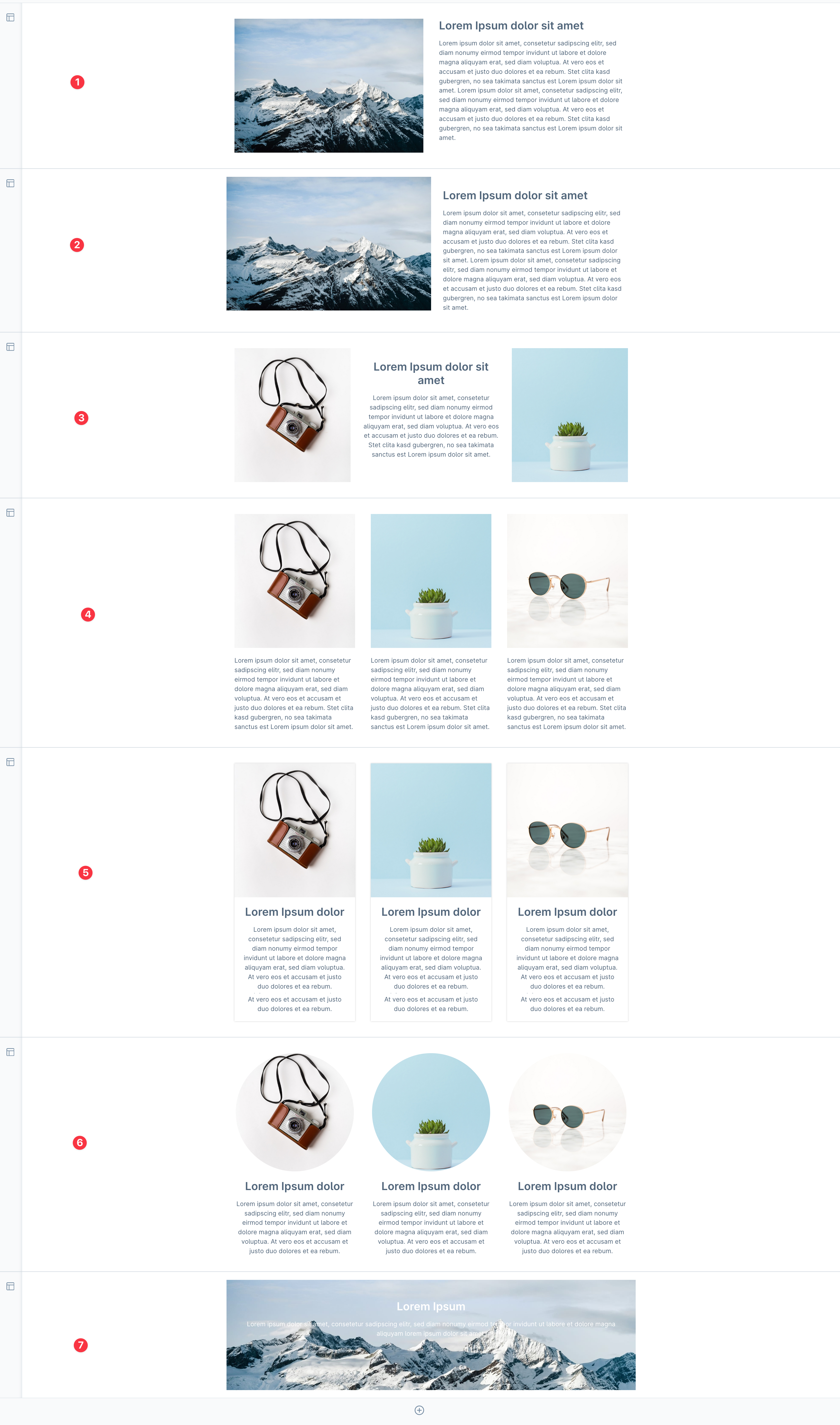 Screenshot: sieben nummerierte Layouts aus Bild und Text
