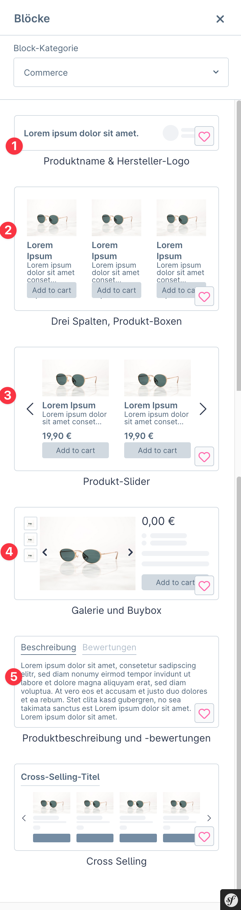 Screenshot: Blockauswahl der Kategorie «Commerce» mit fünf Layouts
