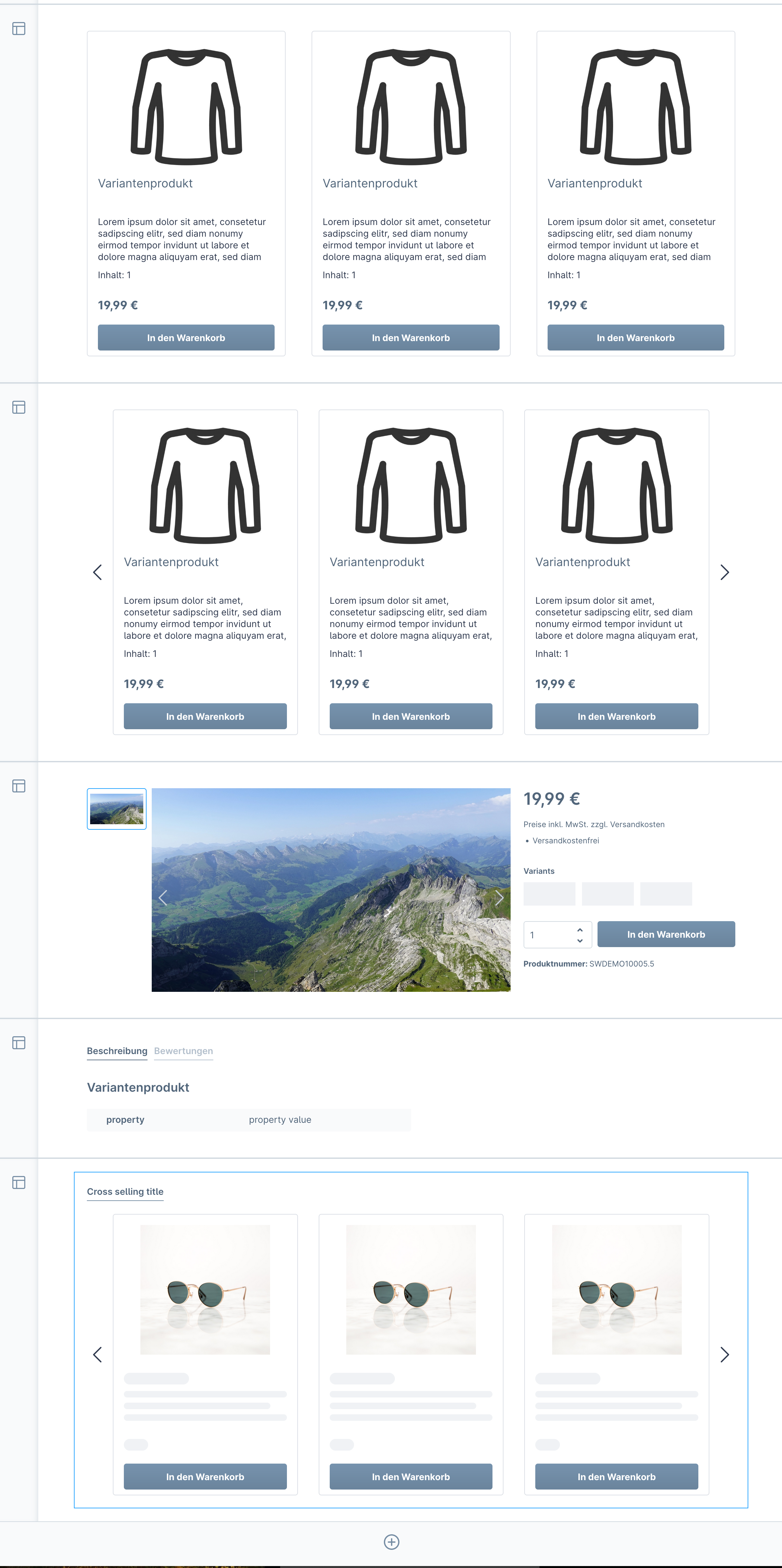Screenshot: Commerce-Layouts mit Produktboxen, Produkt-Slider, Galerie und Cross Selling