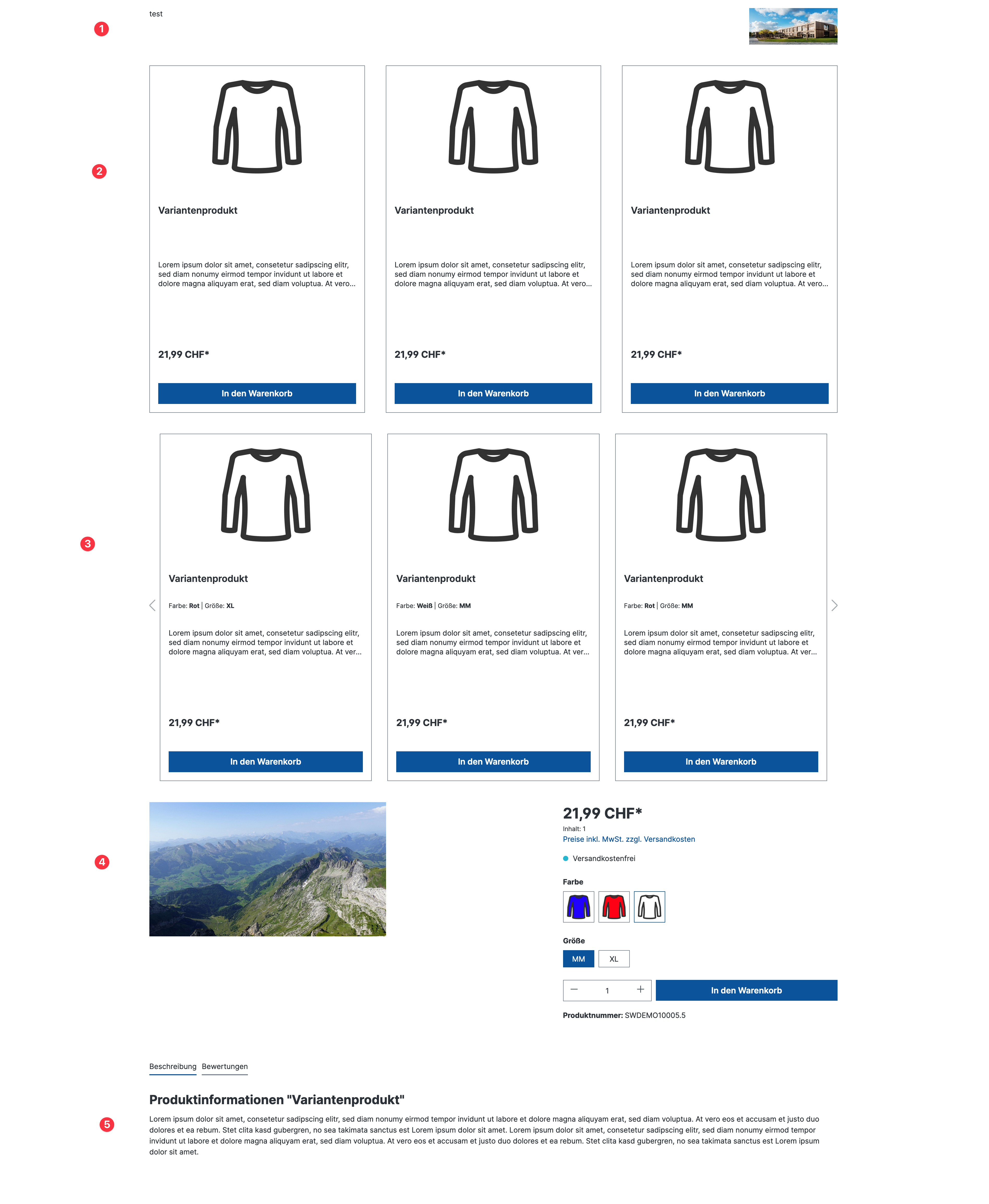 Screenshot: Produktlisten und Produktdetailseite eines Shopware-Themes