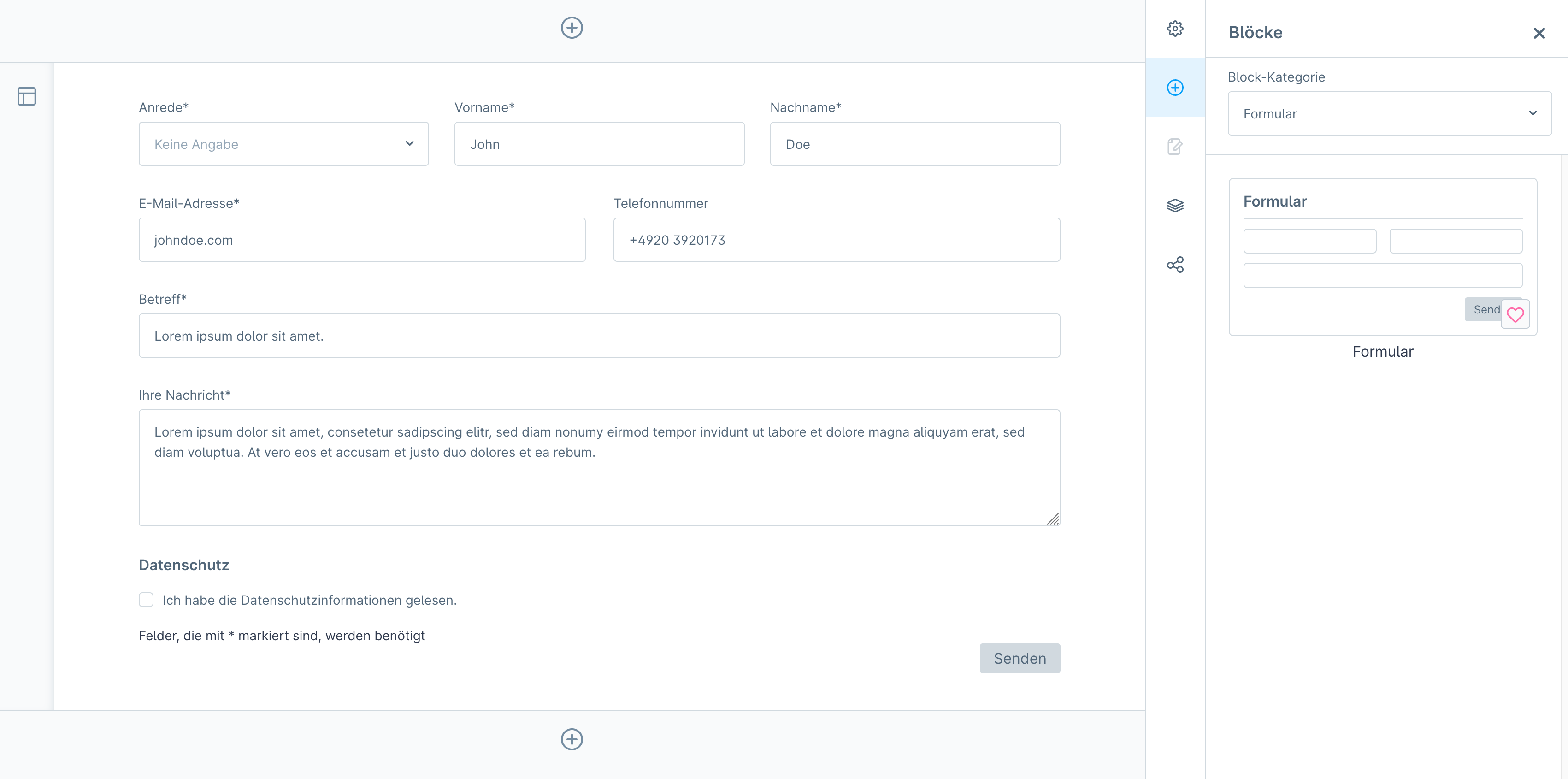 Screenshot: Formularblock mit Kontaktformular im Editor