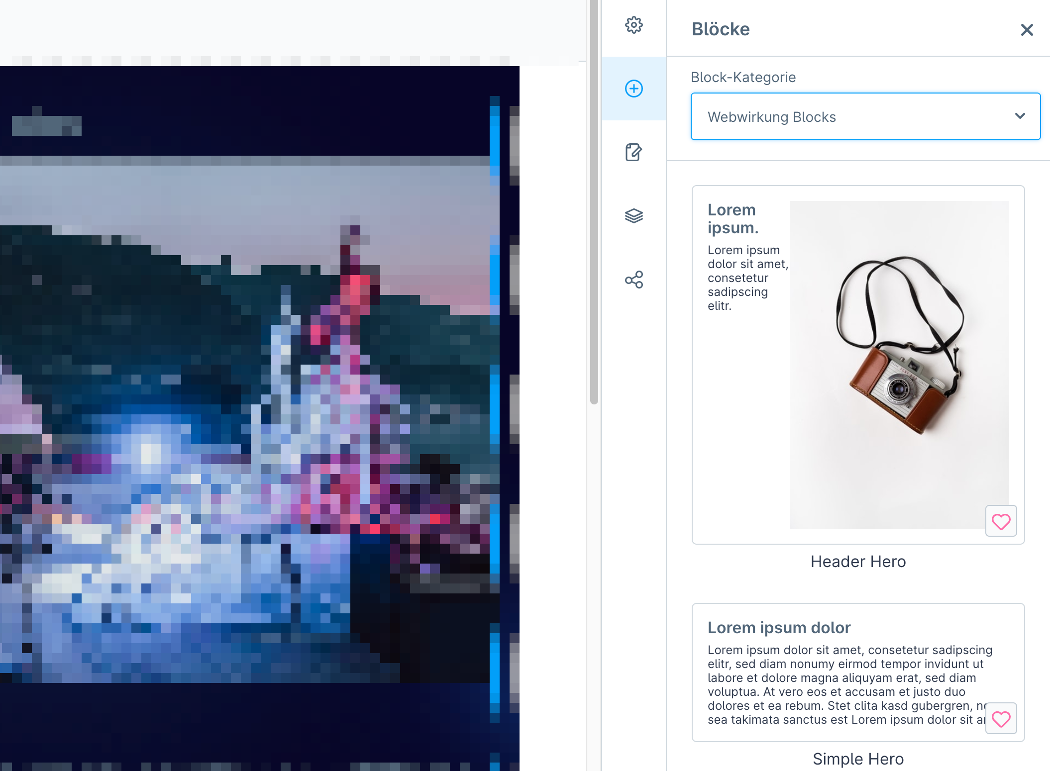 Screenshot: Blockauswahl der Kategorie «Webwirkung Blocks» mit Header Hero und Simple Hero