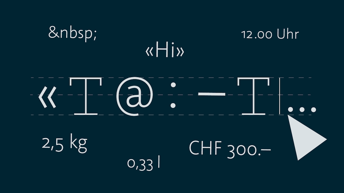 Illustration: typografische Sonderzeichen wie Anführungszeichen, At-Zeichen und Gedankenstrich