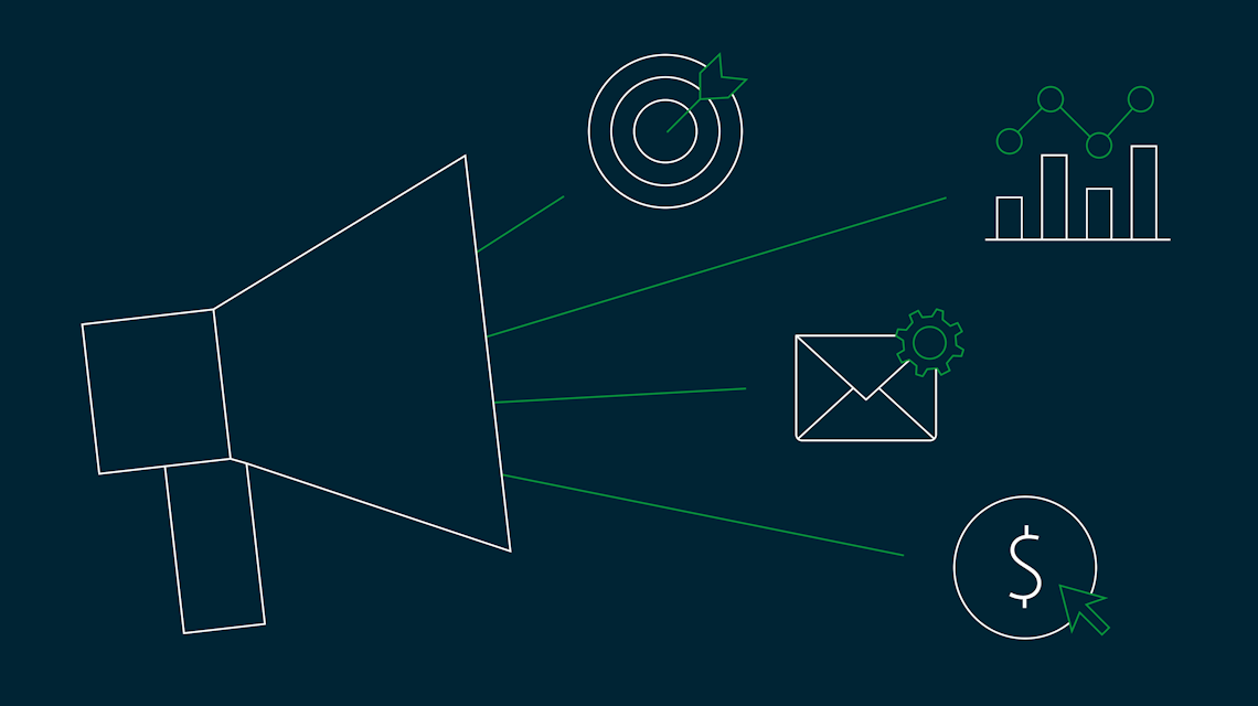Illustration: ein Megafon, dessen Strahlen auf Zielscheibe, Diagramm, E-Mail und Umsatzsymbol treffen