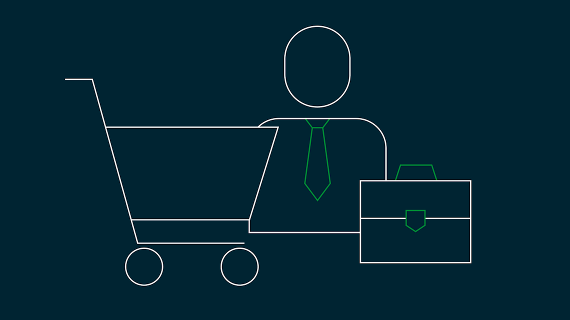 Illustration: eine Person mit Krawatte und Aktenkoffer hinter einem Einkaufswagen