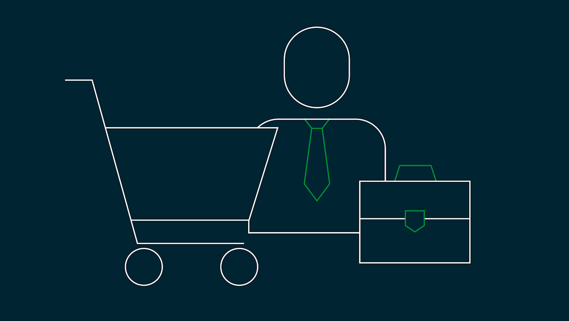 Illustration: eine Person mit Krawatte und Aktenkoffer hinter einem Einkaufswagen