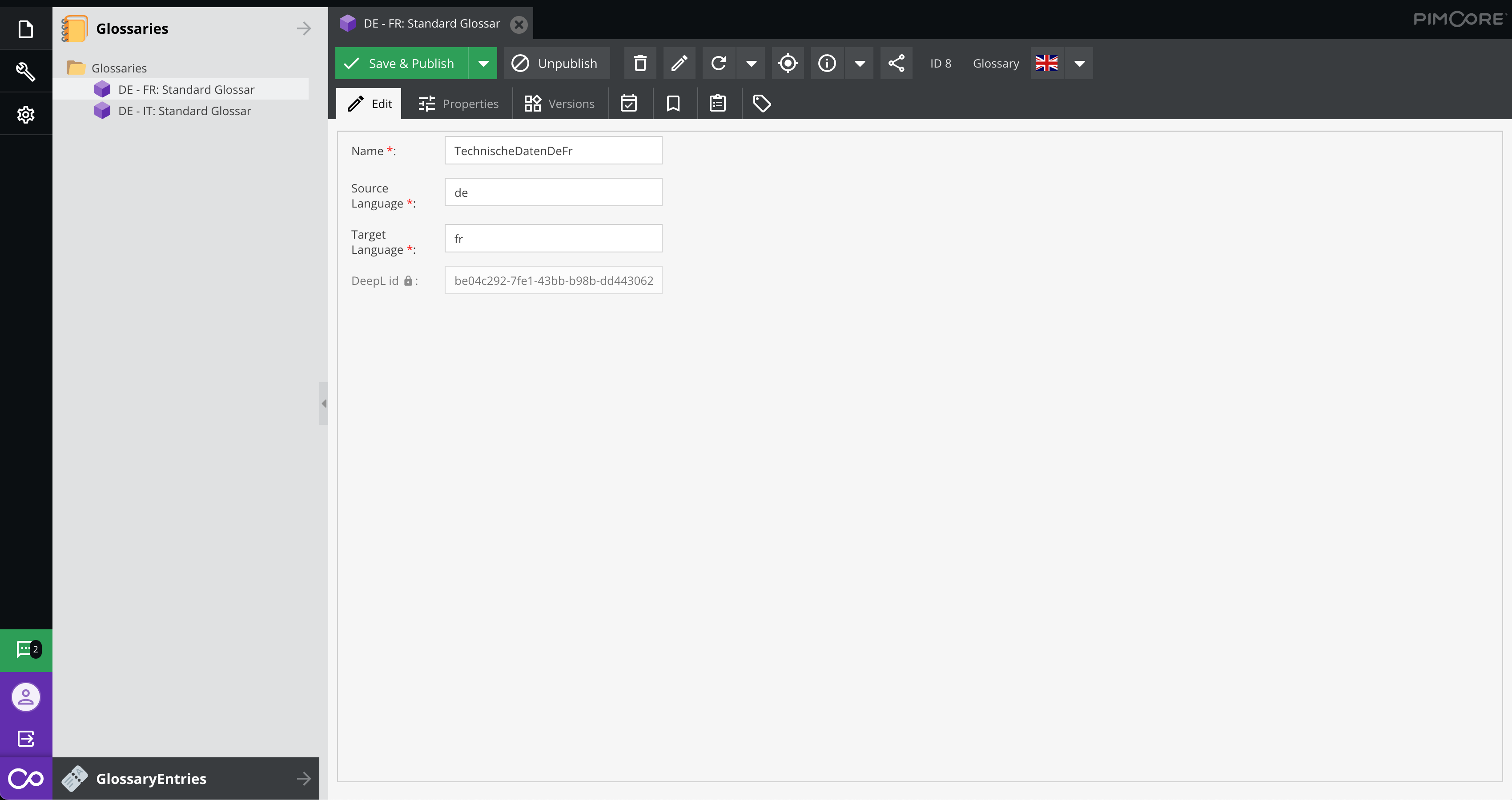 Screenshot: Glossarverwaltung in Pimcore mit einem DE-FR-Standardglossar