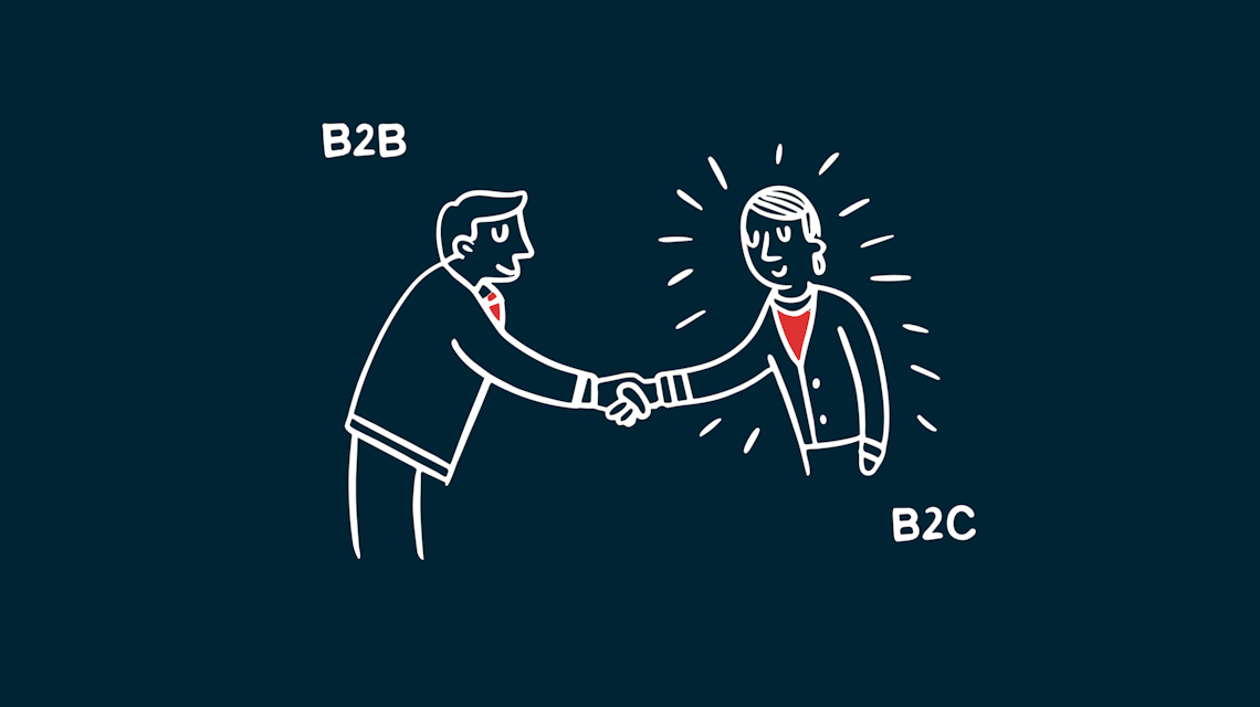 Illustration: zwei Personen geben sich die Hand, beschriftet mit B2B und B2C