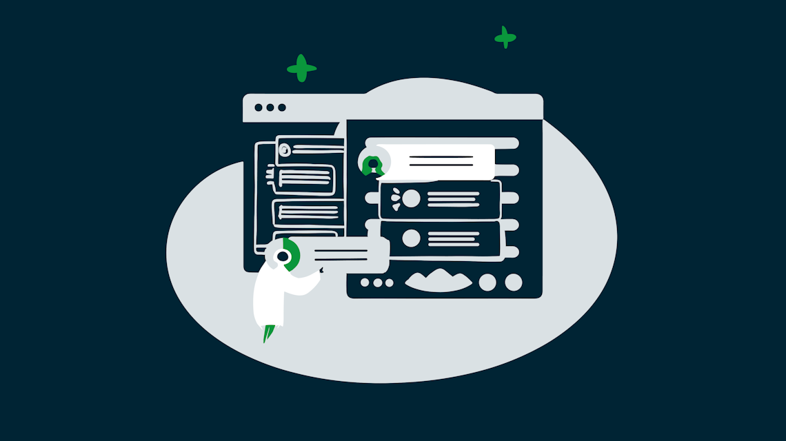 Illustration: eine Produktseite mit KI-Assistent und Rakete