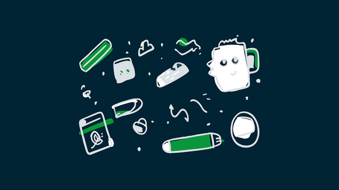 Illustration: verstreute Produktdaten-Symbole und ein Roboter