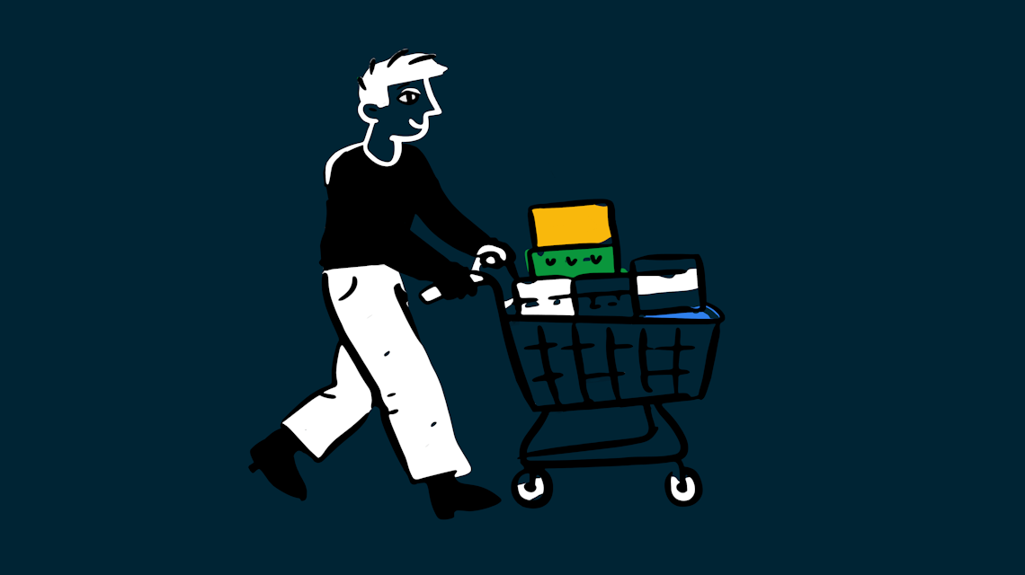 Illustration: eine Person schiebt einen Einkaufswagen mit Abo-Lieferungen