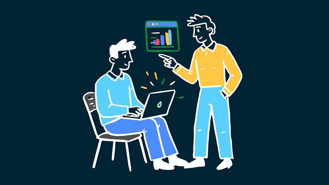Illustration: zwei Personen im Gespräch über ein Dashboard