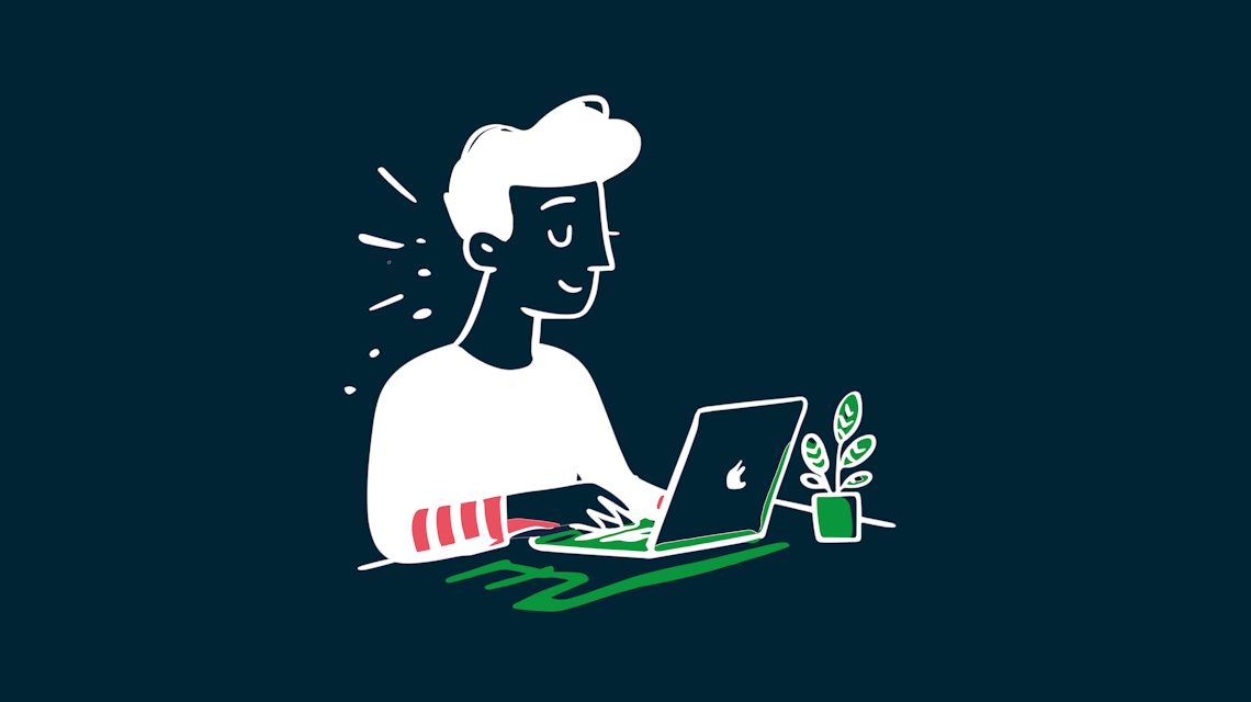 Illustration: eine Person am Laptop mit Pflanze