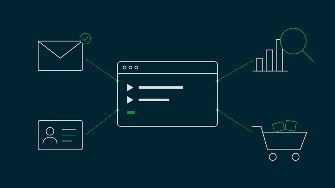 Illustration: Ein Terminal in der Mitte, verbunden mit Symbolen für E-Mail-Marketing, CRM, SEO und Onlineshop