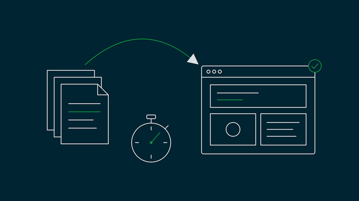 Illustration: Ein Stapel alter Seiten wird mit einem Pfeil in ein neues, modular aufgebautes Browserfenster übertragen, daneben eine Stoppuhr.