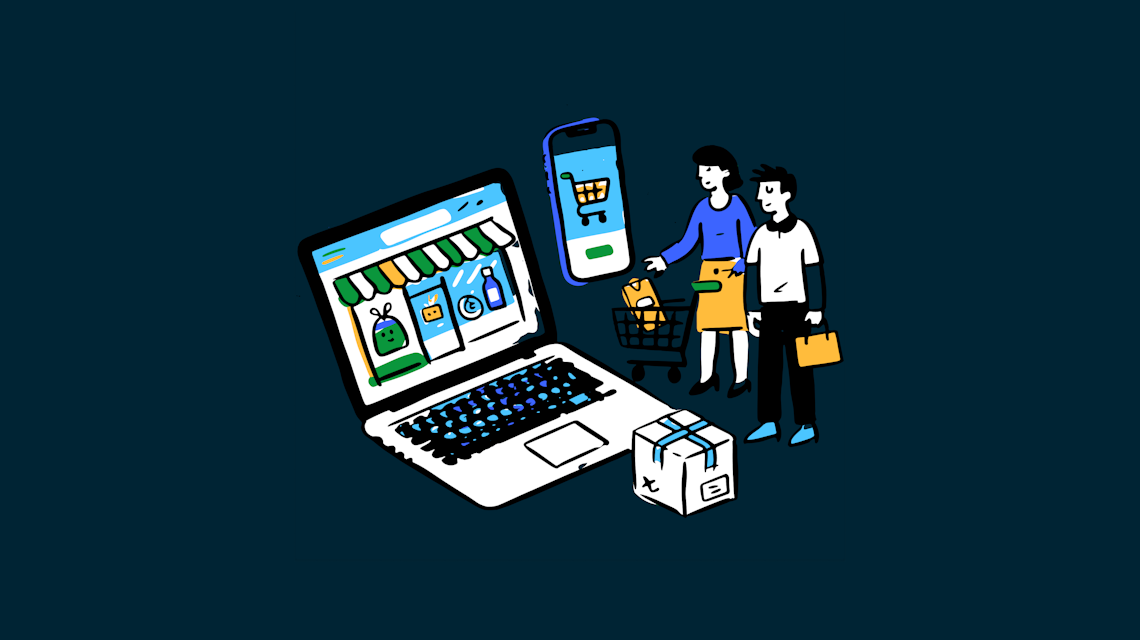 Illustration: ein Paar beim Onlineshopping an Laptop und Smartphone