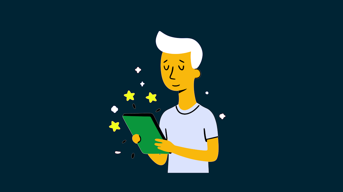 Illustration: eine Person mit Tablet, umgeben von Sternen als Bewertung