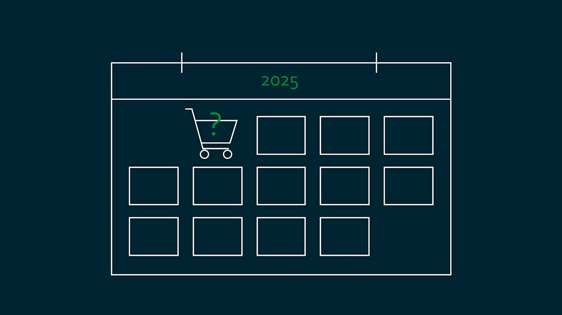 Illustration: ein Kalender für 2025 mit einem Einkaufswagen und einem Fragezeichen