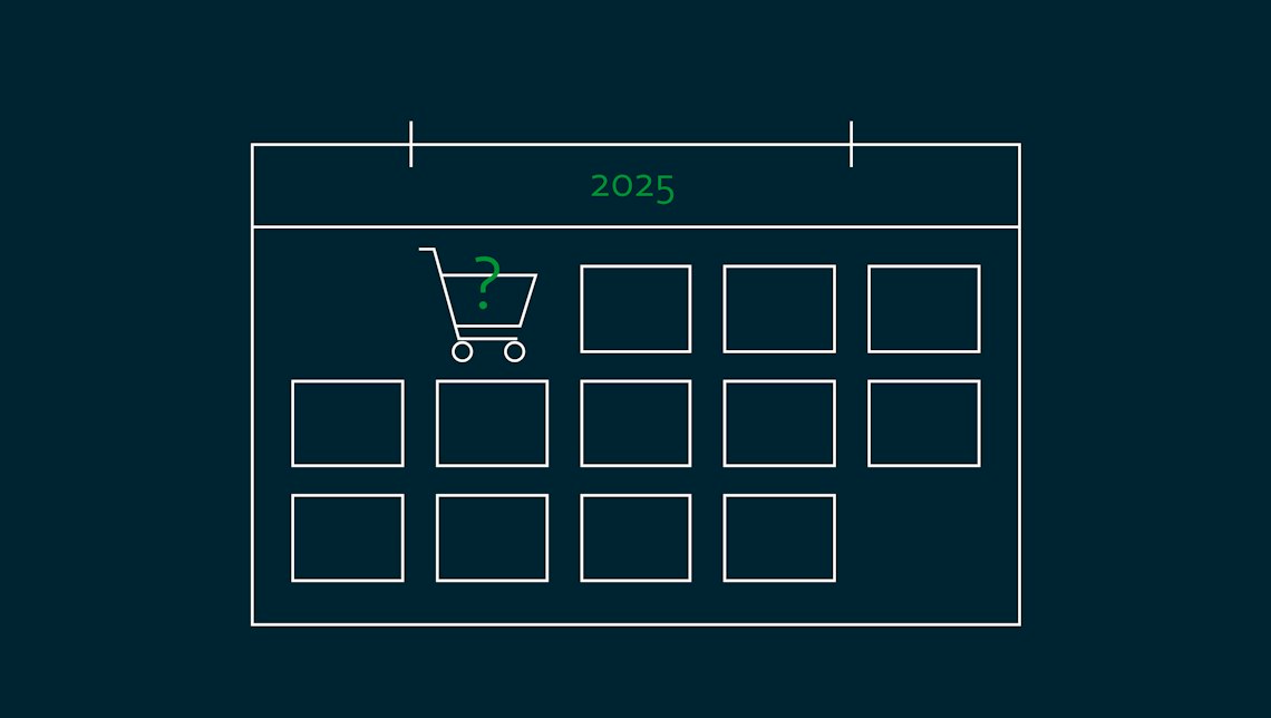 Illustration: ein Kalender für 2025 mit einem Einkaufswagen und einem Fragezeichen