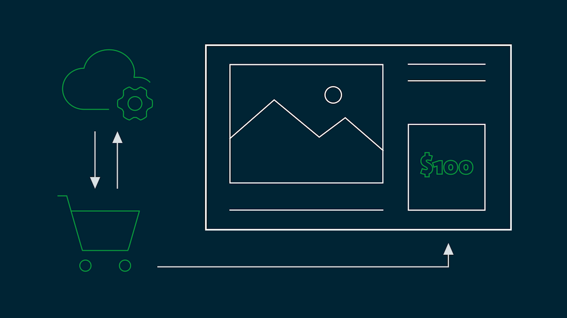 Illustration: ein Einkaufswagen, eine Cloud mit Zahnrad und eine Produktseite mit Preisangabe
