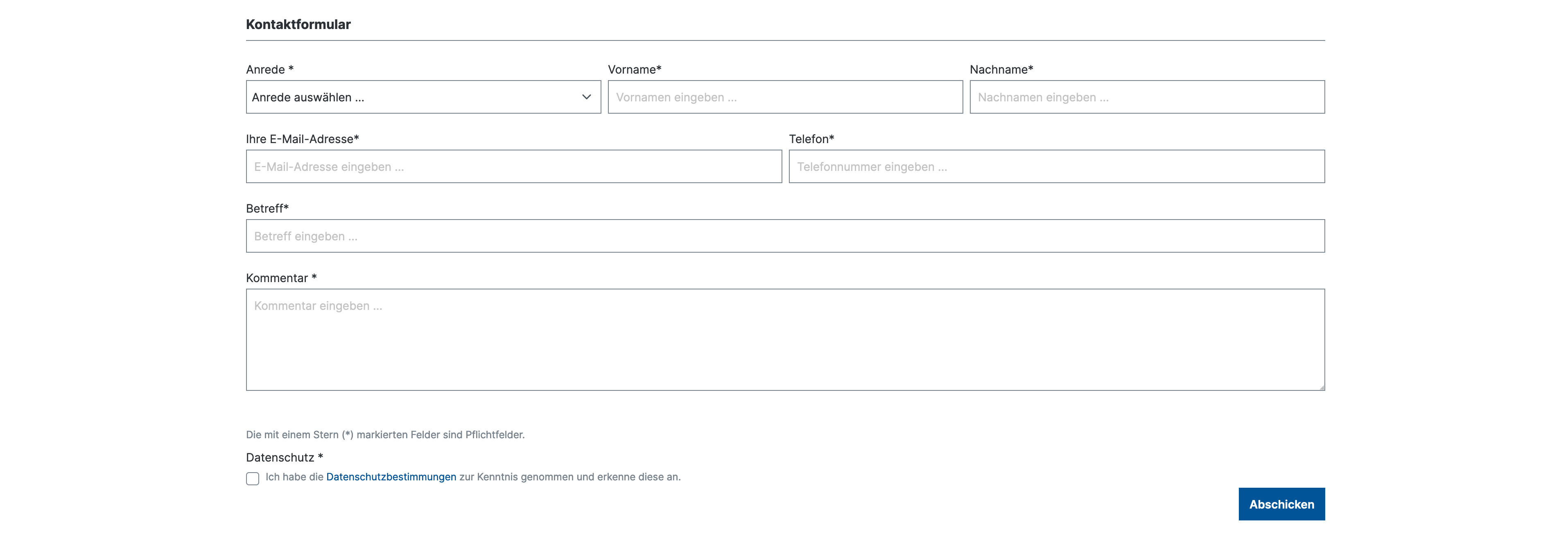 Screenshot: ein Kontaktformular mit Anrede, Name, E-Mail und Kommentar