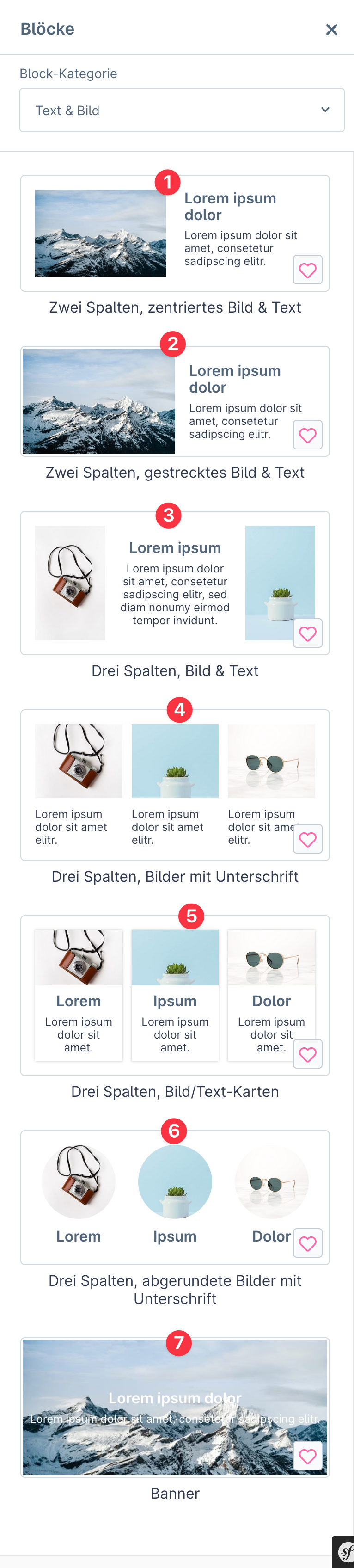 Screenshot: Blockauswahl der Kategorie «Text & Bild» mit sieben Layouts