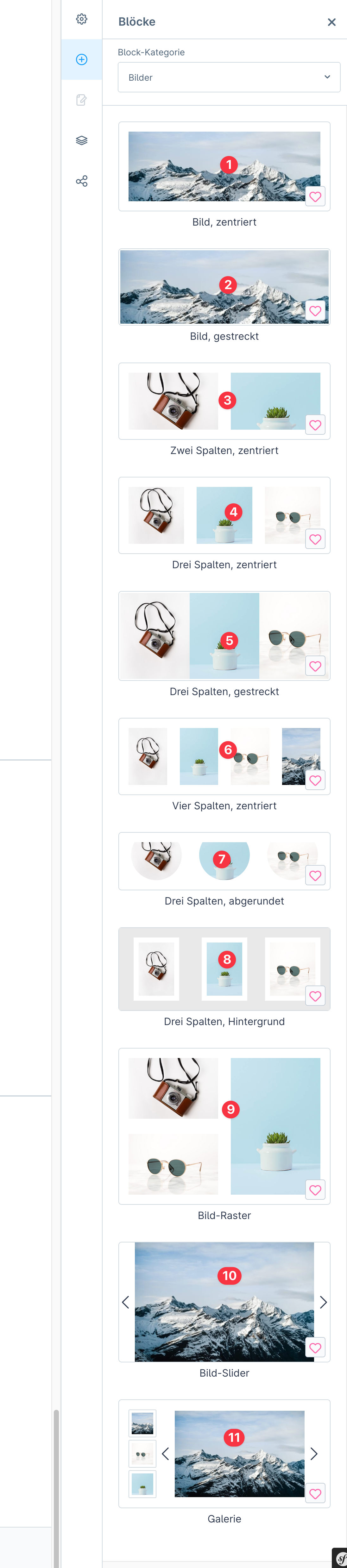Screenshot: Blockauswahl der Kategorie «Bilder» mit elf nummerierten Bildlayouts