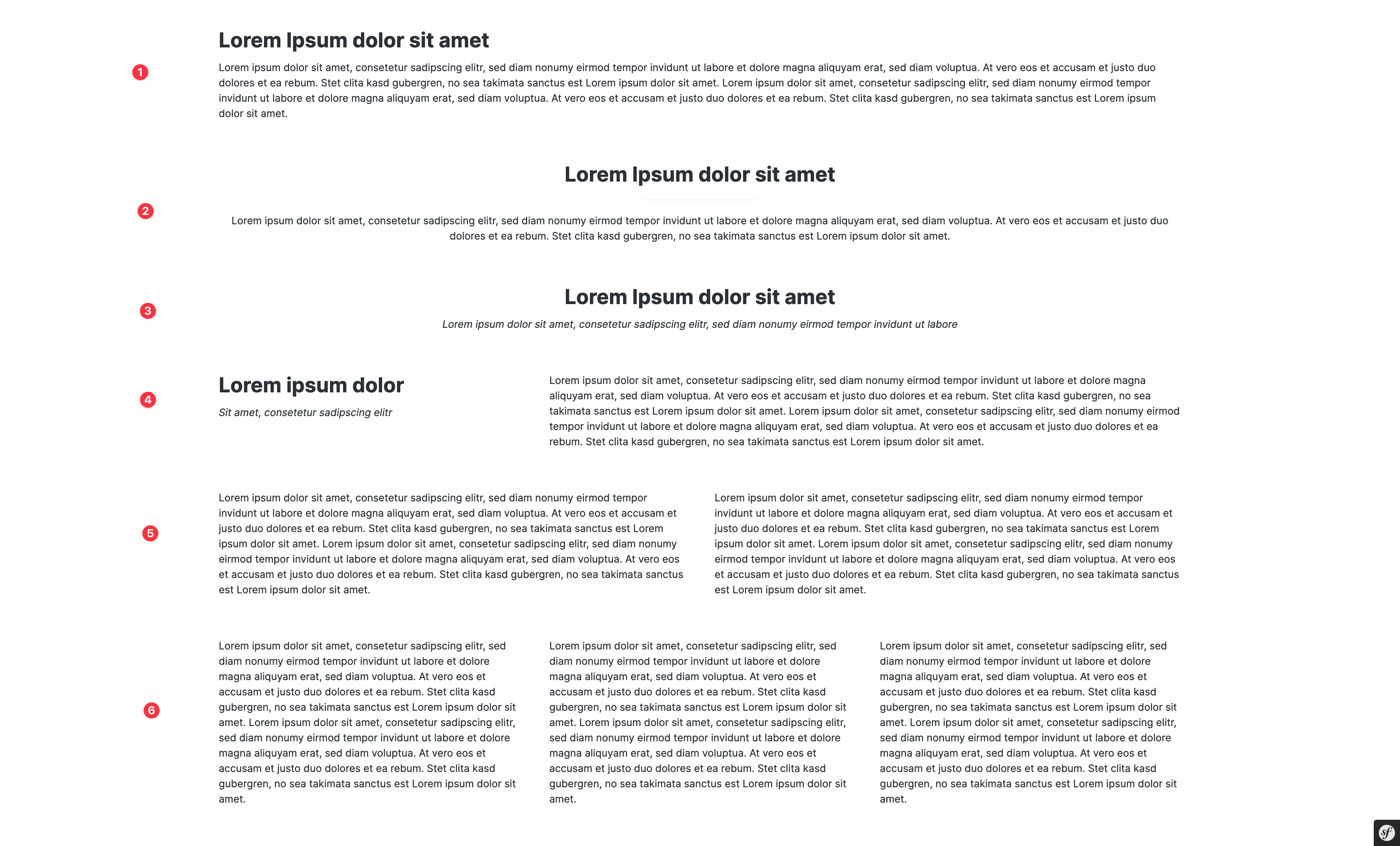 Screenshot: sechs nummerierte Textlayouts eines Shopware-Themes mit Blindtext