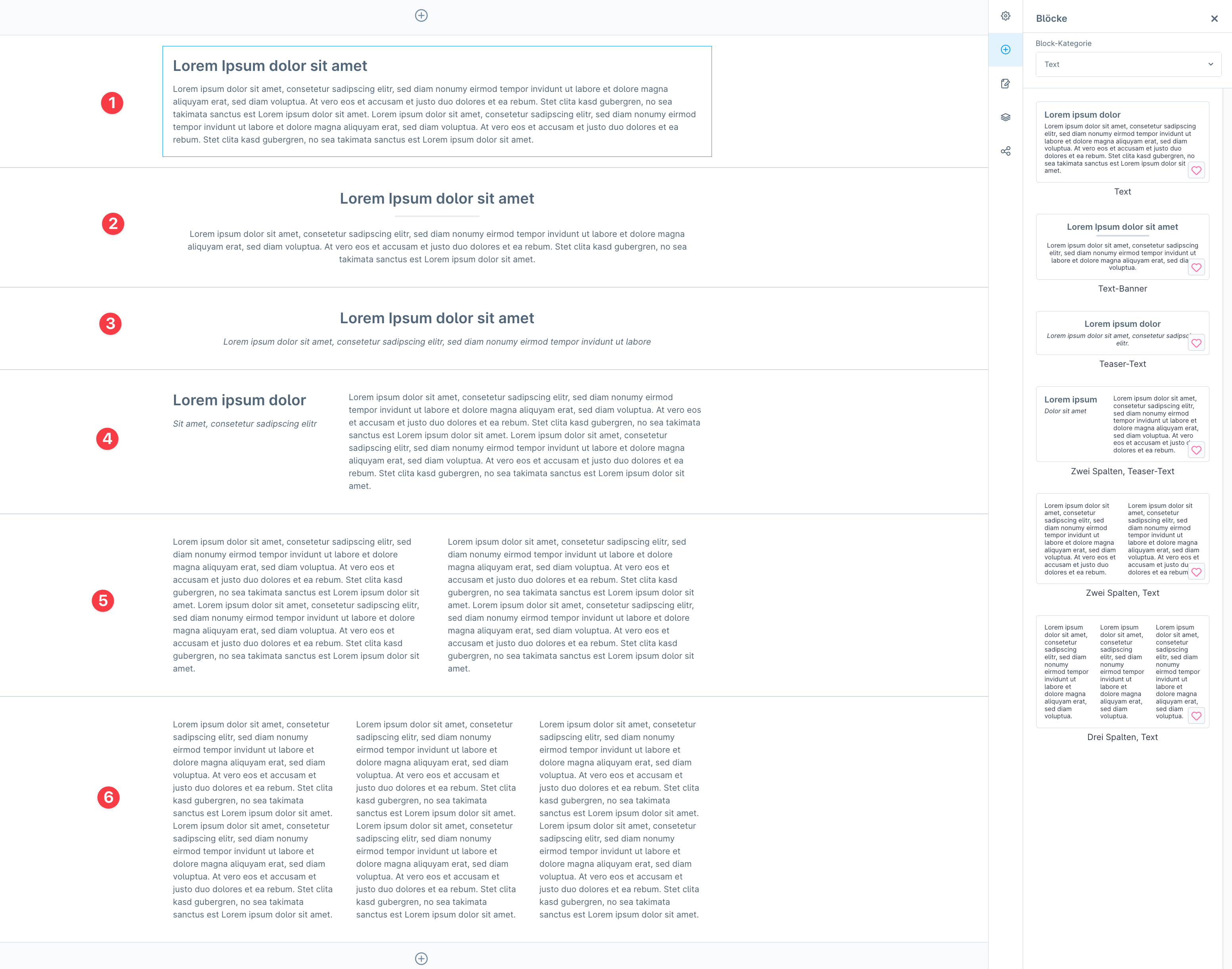 Screenshot: sechs nummerierte Textlayouts neben der Blockauswahl im Editor