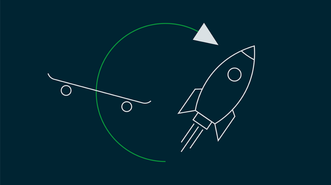 Illustration: ein Skateboard und eine startende Rakete, verbunden durch einen Pfeil