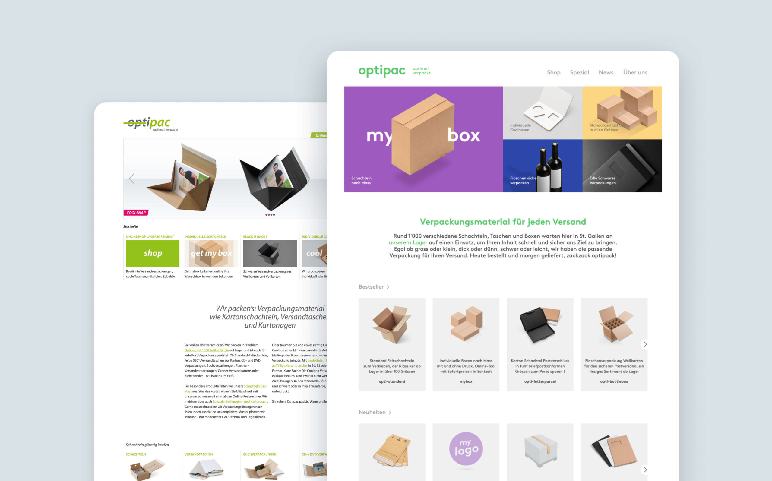Der Optipac-Onlineshop vor und nach dem Relaunch im Vergleich