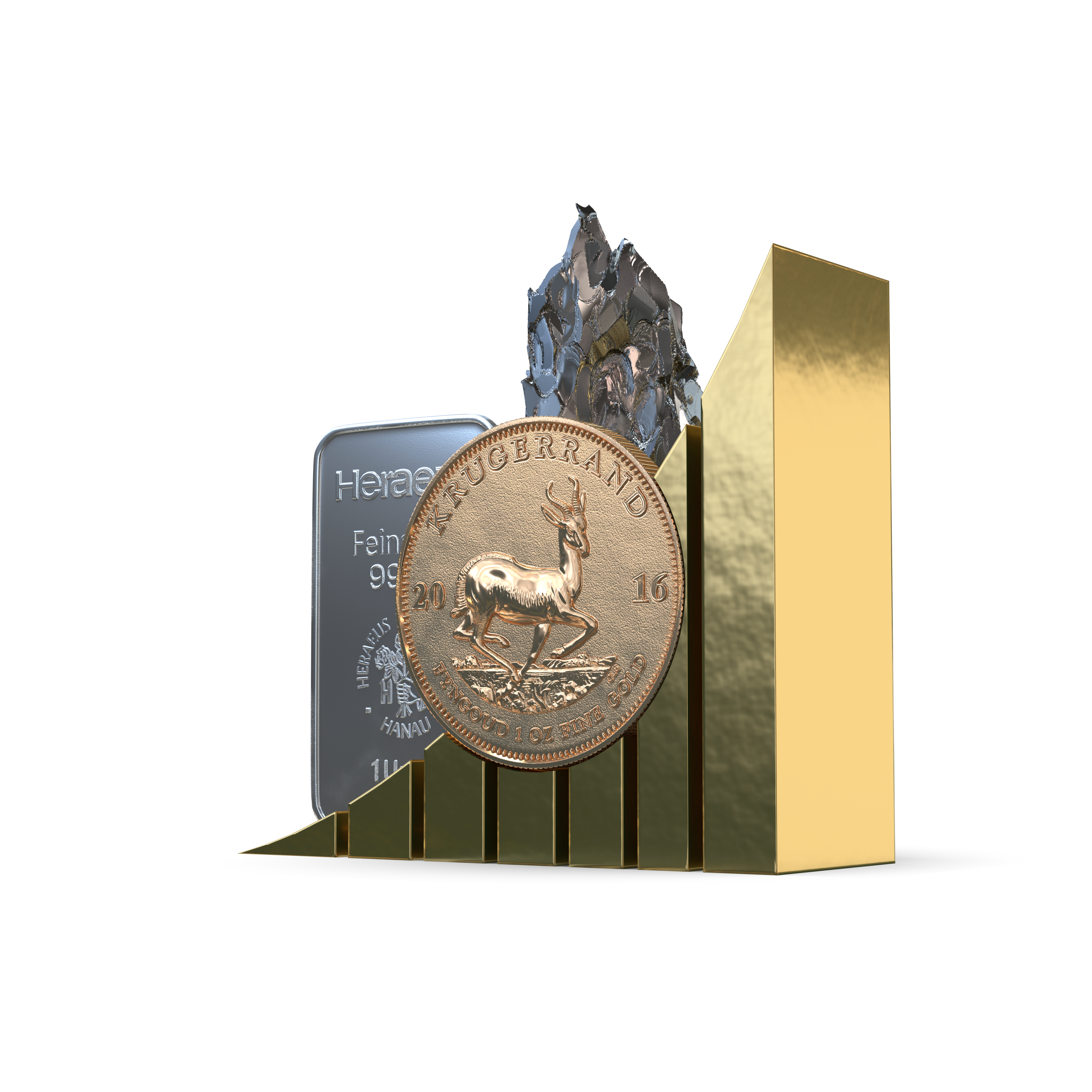 Vor dem Golden Gates Logo, schwebt eine Krügerrand Goldmünze, dahinter sind ein Silberbarren und ein Technologiemetall zu sehe. Anerkannter Edelmetallhändler Golden Gates.