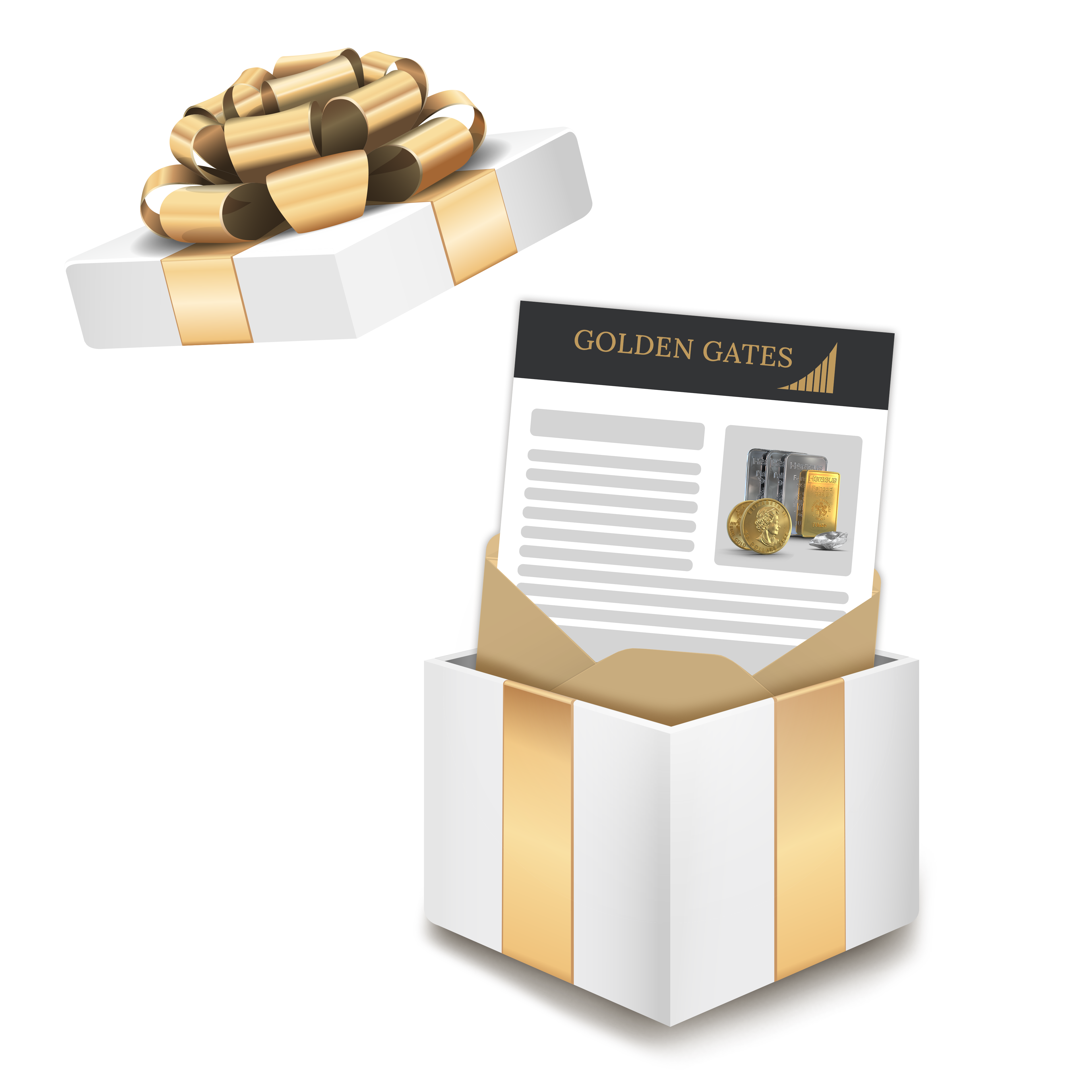 Aus einer Geschenkbox, schaut oben ein Vertrag für einen Edelmetallsparplan von Golden Gates heraus. Sparen auch Sie in Edelmetalle mit den Sparplänen von Golden Gates.