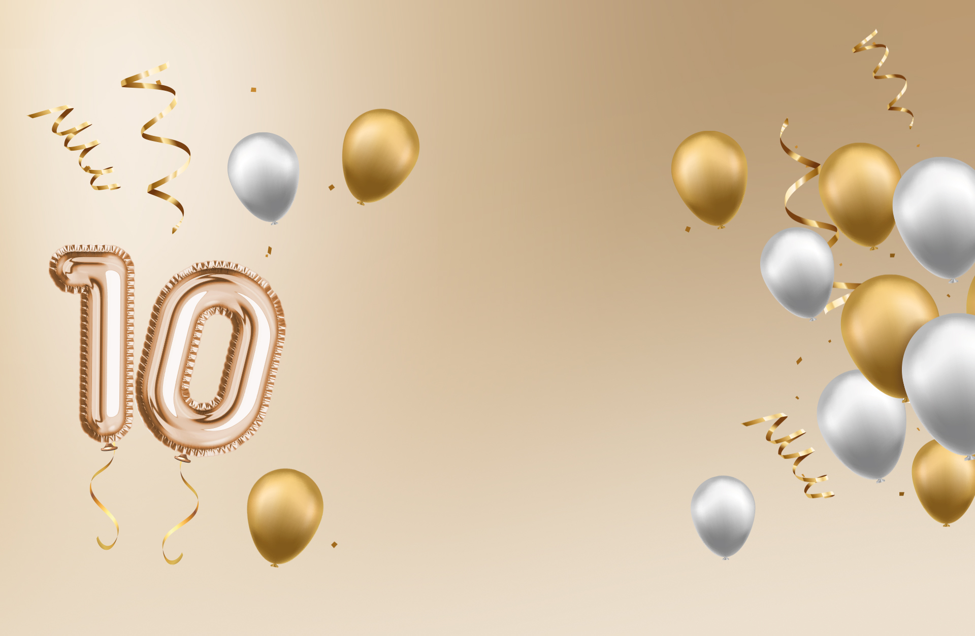 Vor einem goldenen Hintergrund fliegen Luftballons in golden und silbern und eine Luftballon 10. Golden Gates Edelmetalle feiert 10-jähriges Jubiläum.