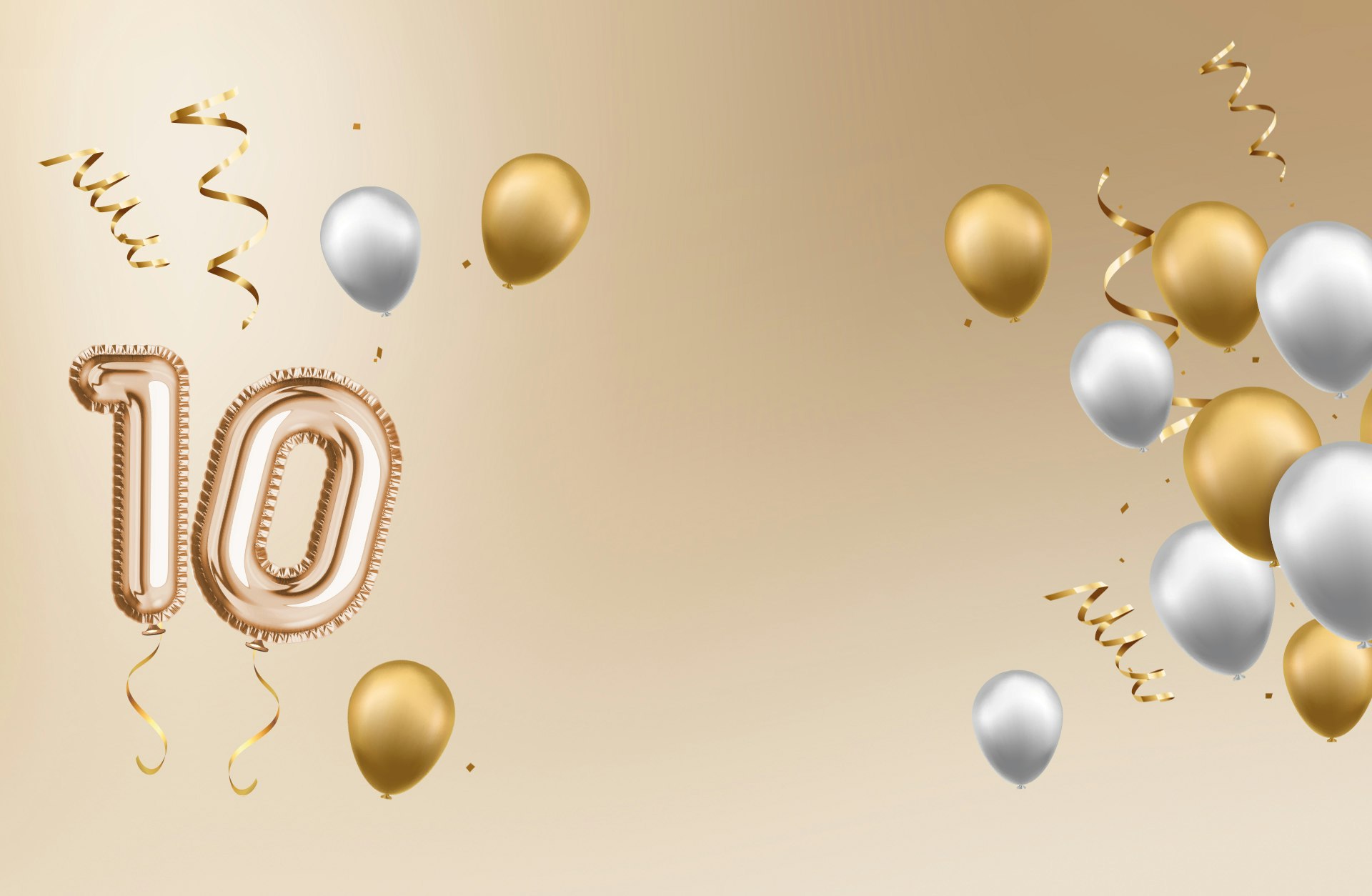 Firmenjubiläum mit Rekord-Silbermedaille | Golden Gates Vor einem goldenen Hintergrund fliegen Luftballons in golden und silbern und eine Luftballon 10. Golden Gates Edelmetalle feiert 10-jähriges Jubiläum.