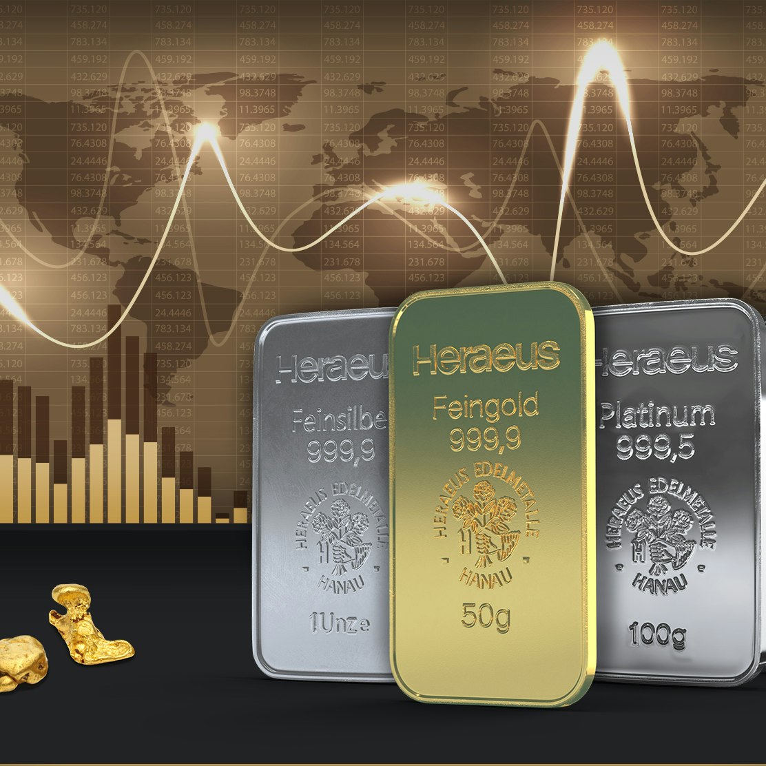 Edelmetalle sicher und einfach kaufen | Golden Gates Im Hintergrund sieht man in Erdtönen die Weltkarte, davor sind in Barren Gold, Silber, Platin und Palladium abgebildet, denn Edelmetalle sind weltweit anerkanntes Währungsmittel. Golden Gates, ein führender Händler für Anlagemetalle.
