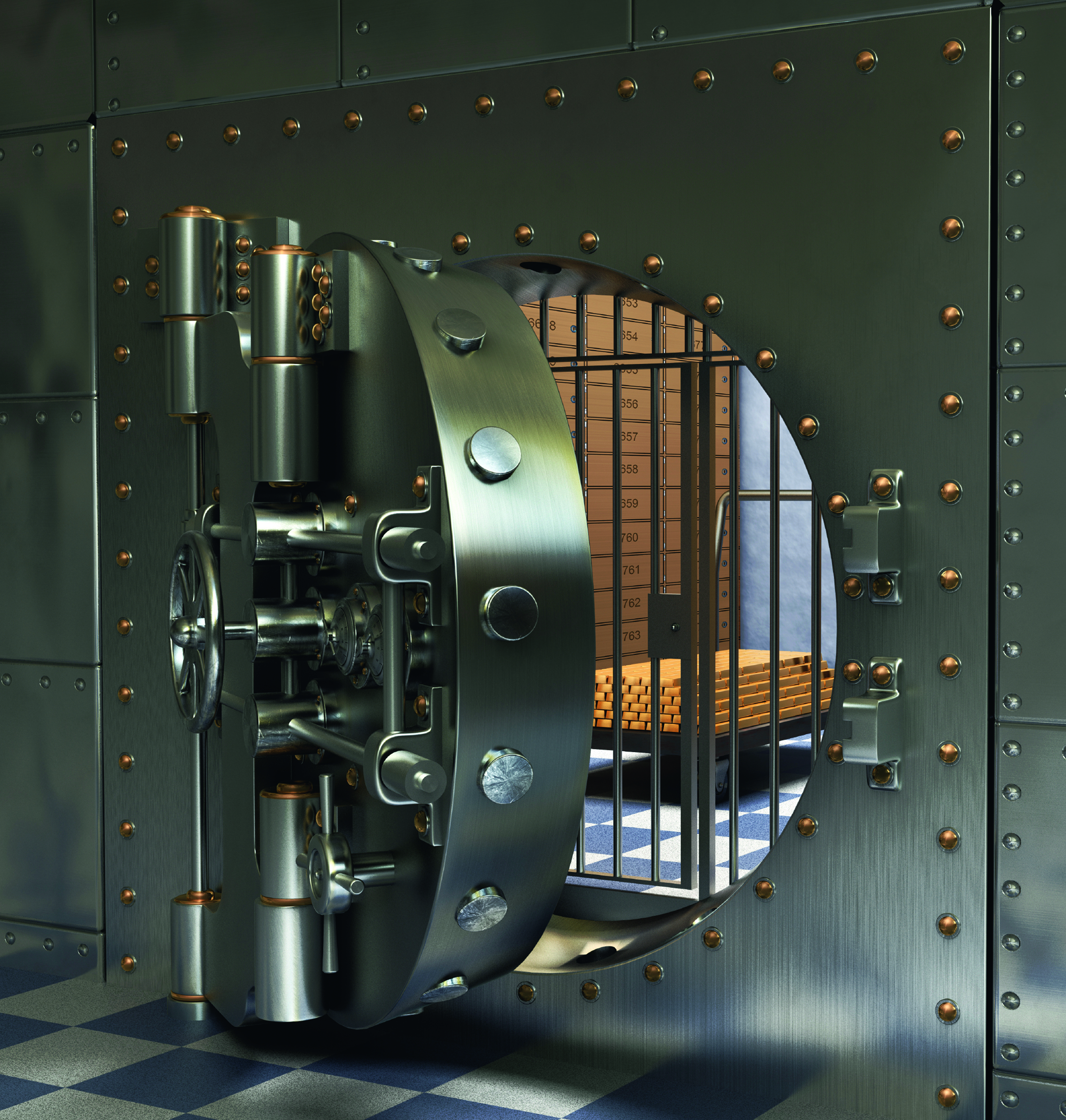 Ein Tresorraum von außen: die Tür des Tresors ist leicht geöffnet. Hinter einer weiteren Gittertür sind auf einem großen Tisch Goldbarren gestapelt. Anlagemetalle sicher lagern mit Golden Gates.