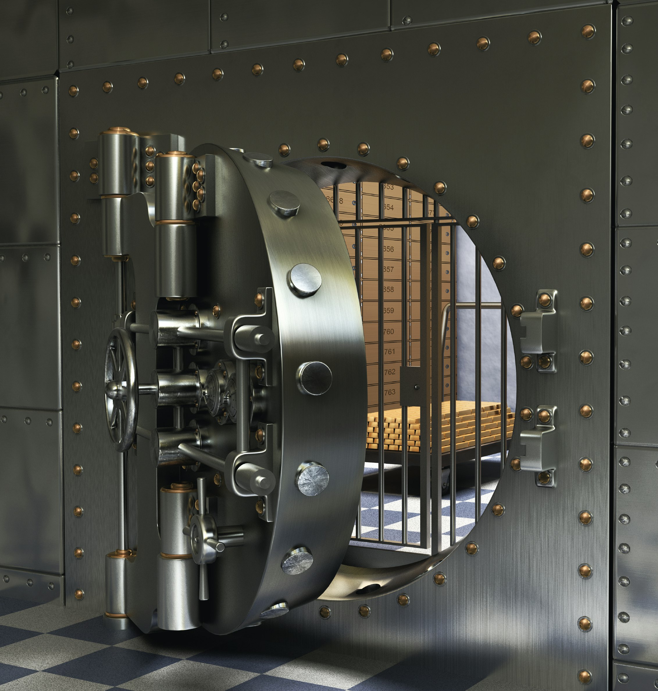 Sicherheit beim Gold- und Silberkauf | Golden Gates Ein Tresorraum von außen: die Tür des Tresors ist leicht geöffnet. Hinter einer weiteren Gittertür sind auf einem großen Tisch Goldbarren gestapelt. Anlagemetalle sicher lagern mit Golden Gates.
