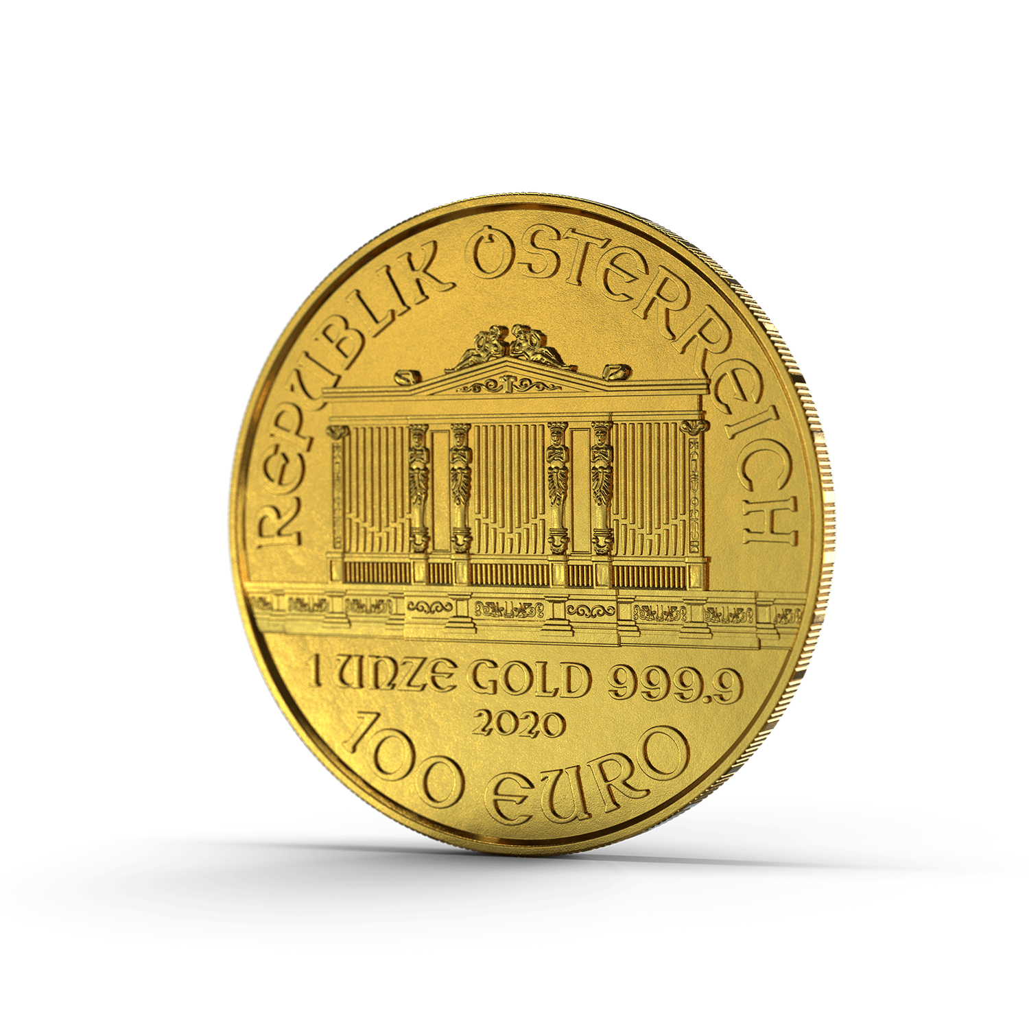 Die Rückseite der Wiener Philharmoniker Goldmünze, hier ist die Kirchenorgel aus dem goldenen Saal des Wiener Musikvereins abgebildet. In Gold sparen mit den Sparplänen von Golden Gates.
